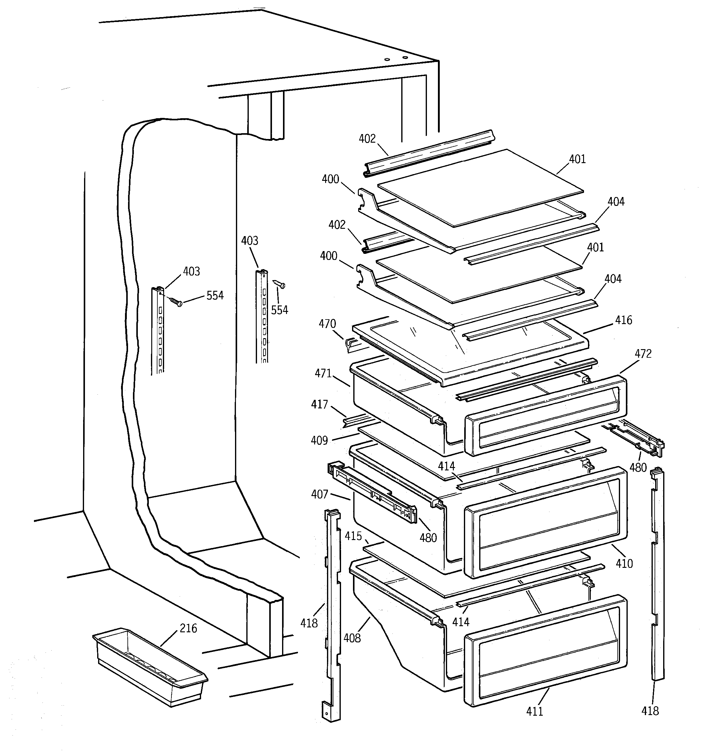 GE TPG21KRCGWS fresh food shelves diagram