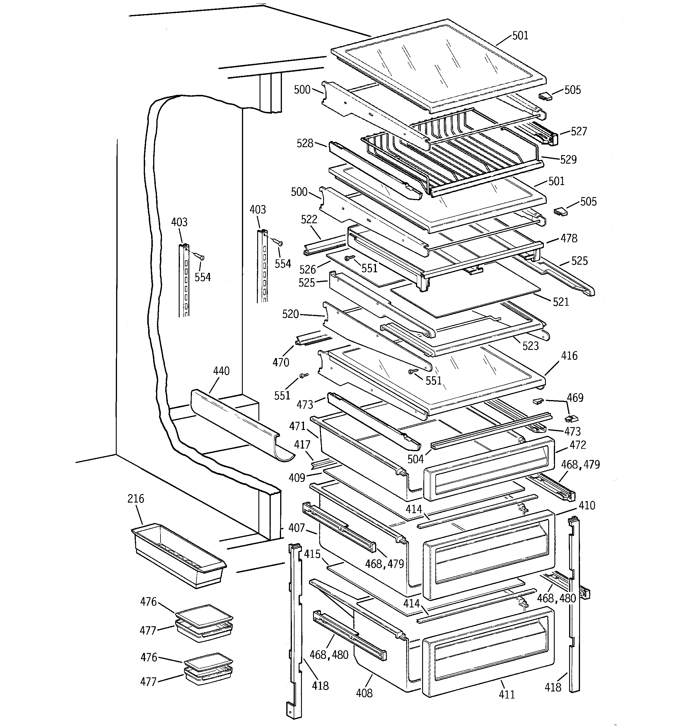 GE TPG24PFDABS fresh food shelves diagram
