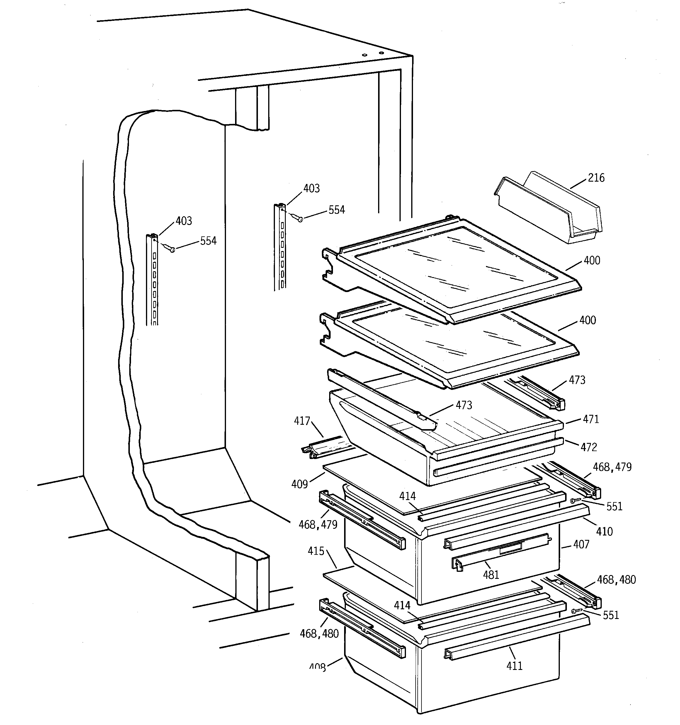 GE TFX26APDABB fresh food shelves diagram