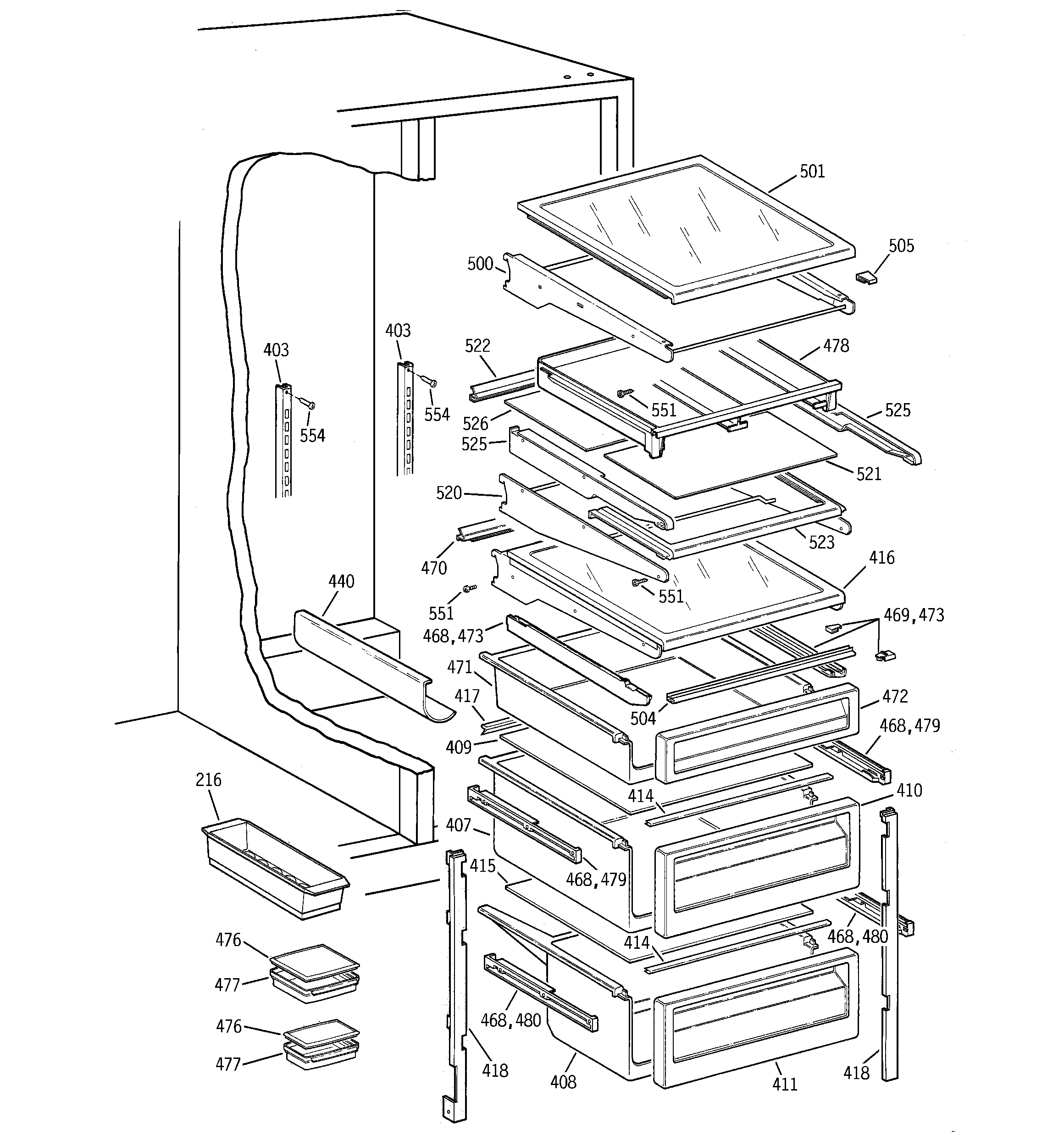GE TFG28PFCEBS fresh food shelves diagram