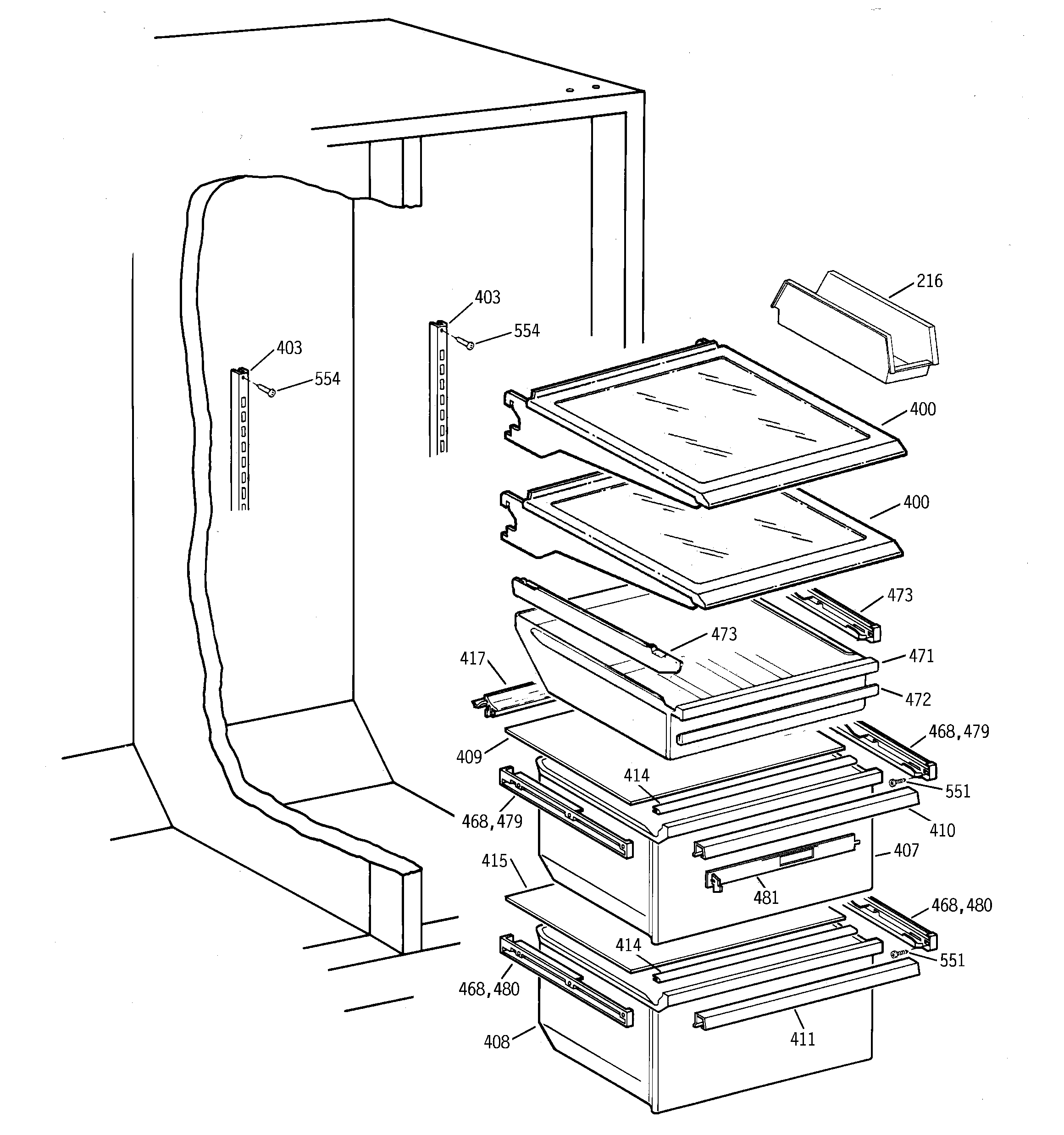 GE TFX22QPDACC fresh food section diagram