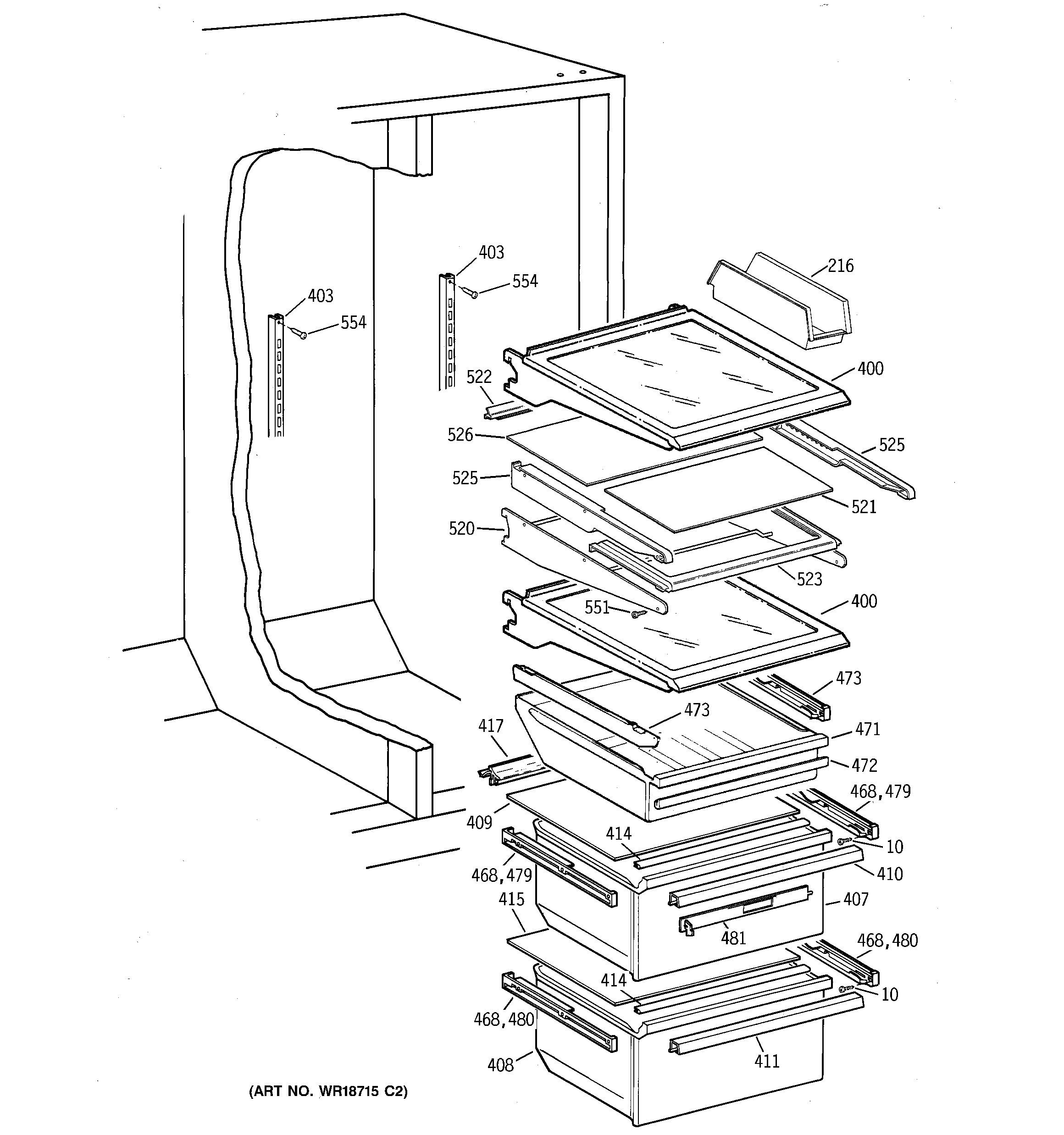 GE TFX22ZPDACC fresh food shelves diagram