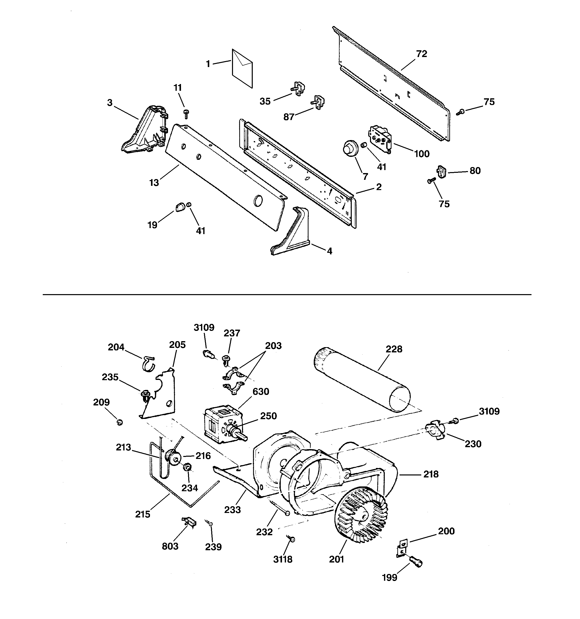 GE DCXR463EA0AA backsplash, blower & drive assembly diagram