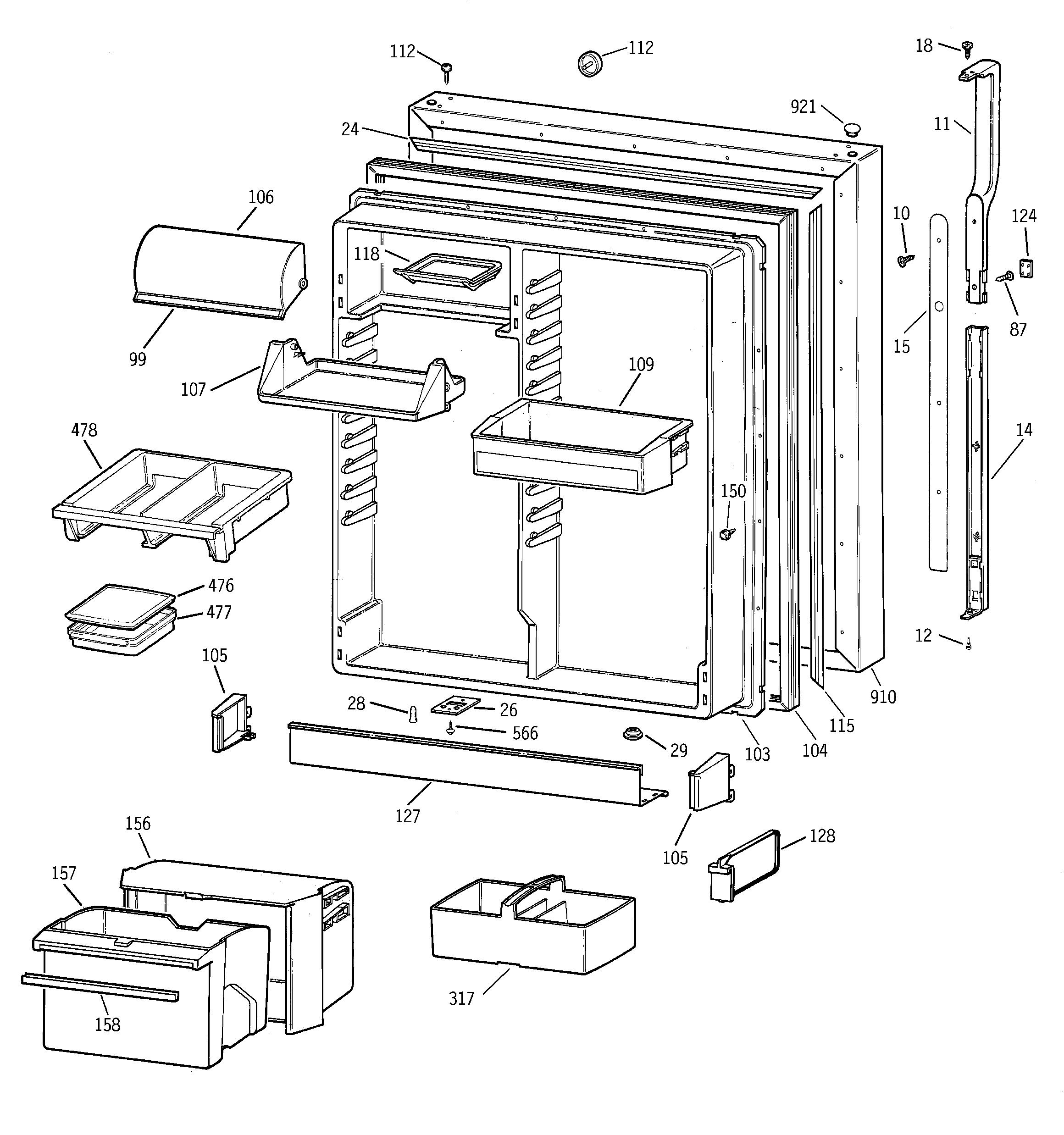 GE TBX25PABRRCC fresh food door diagram