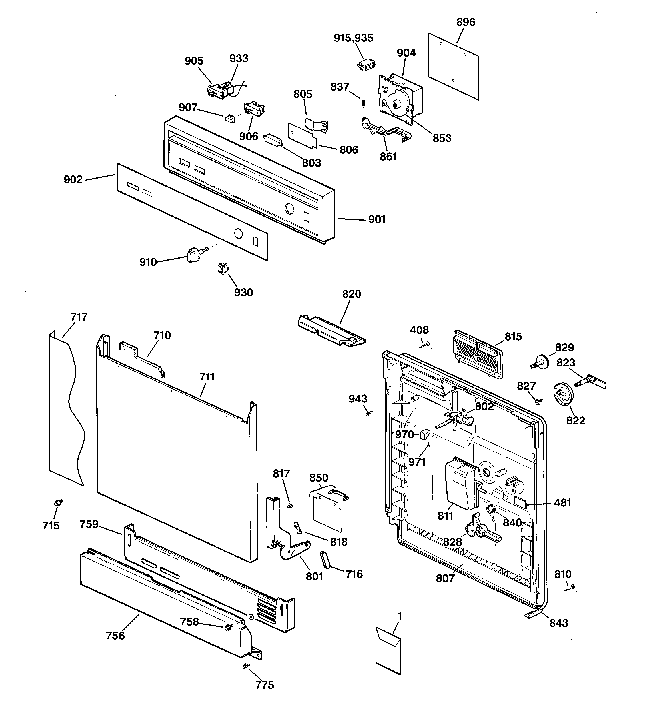 GE GSD2220F00BB escutcheon & door assembly diagram
