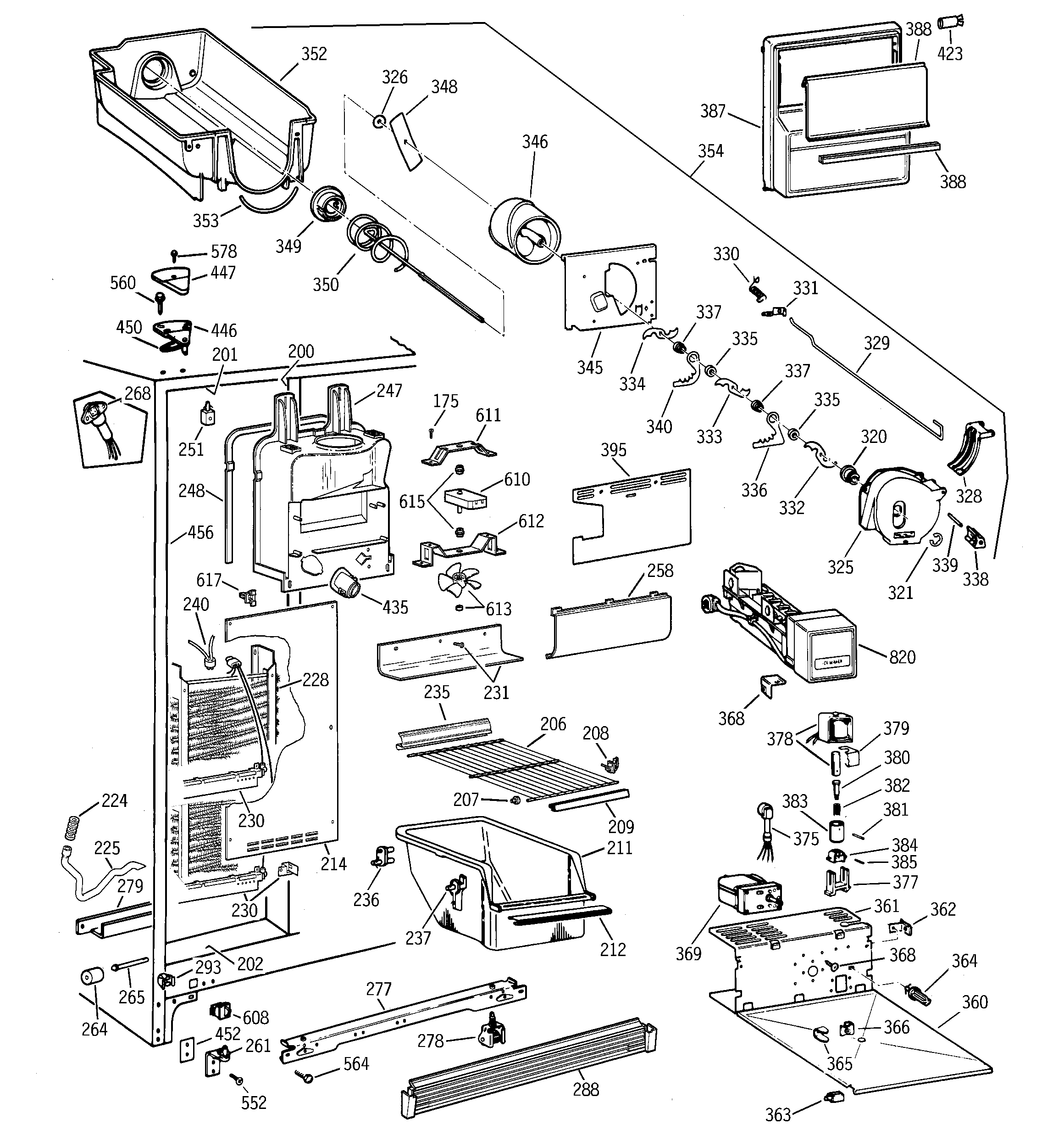 GE TFX25QRBAWW freezer section diagram