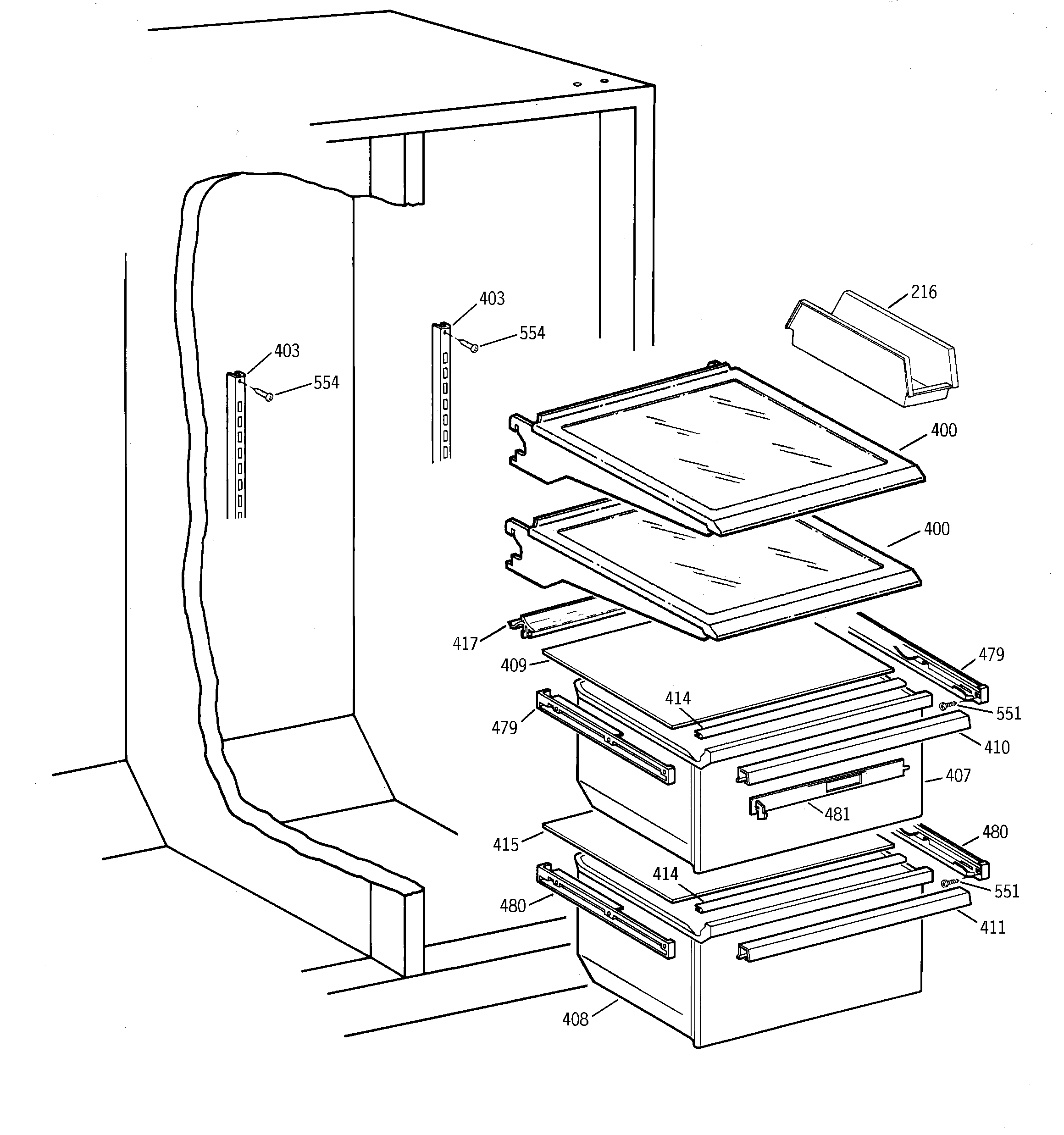 GE TFX25QRBAWW fresh food shelves diagram