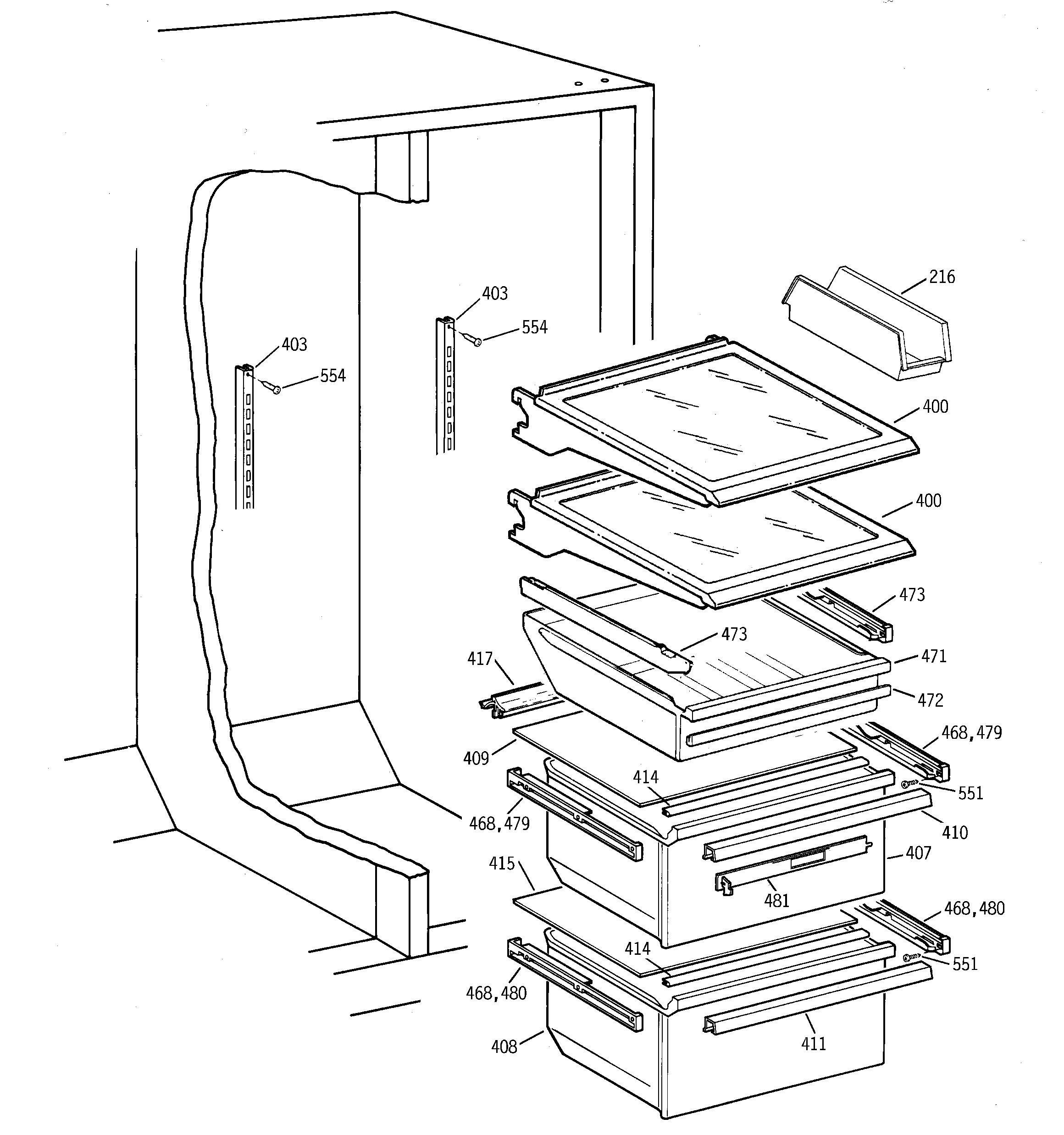 GE TFX25VRBAWW fresh food shelves diagram
