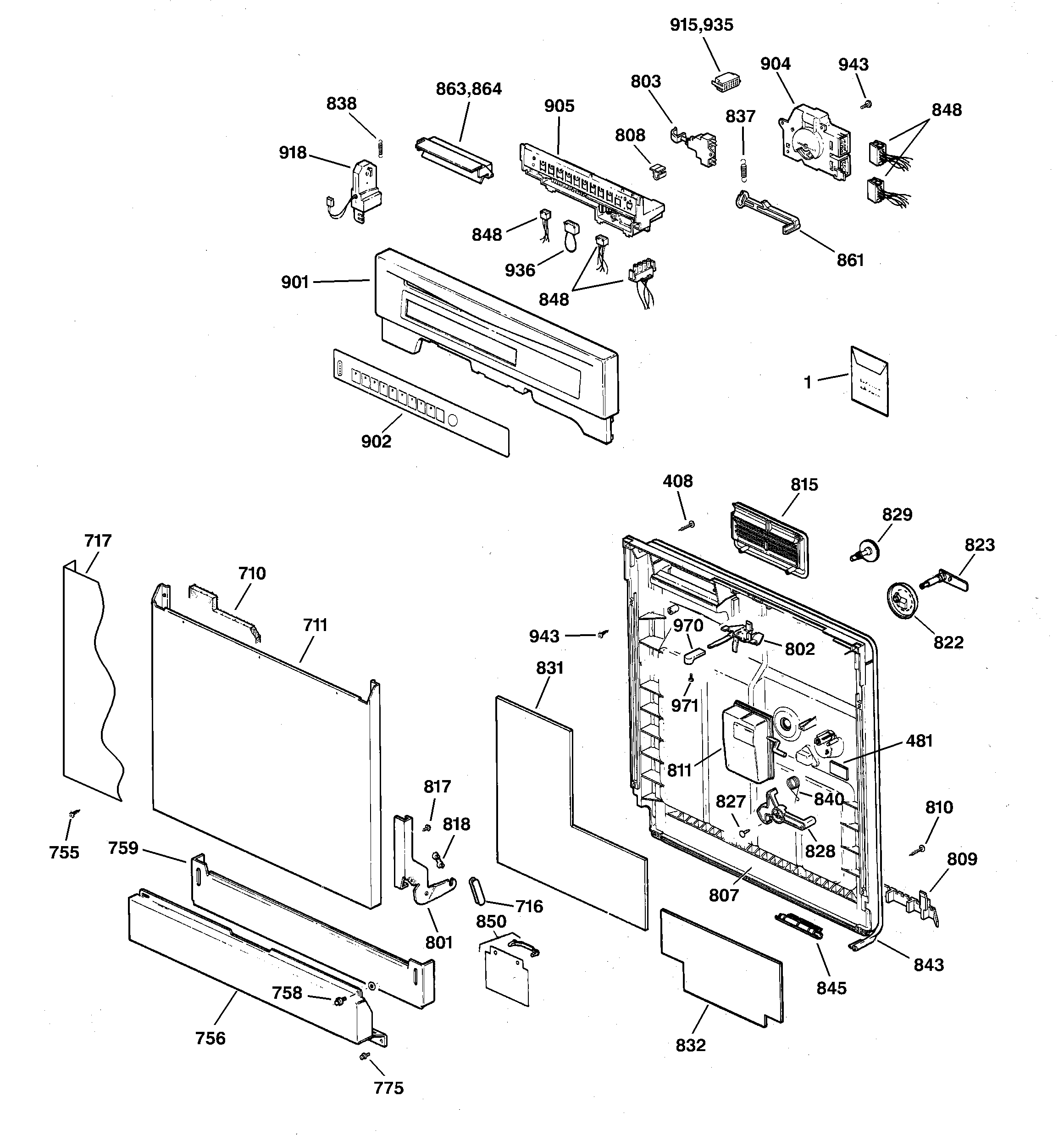 GE GSD5630D01WW escutcheon & door assembly diagram