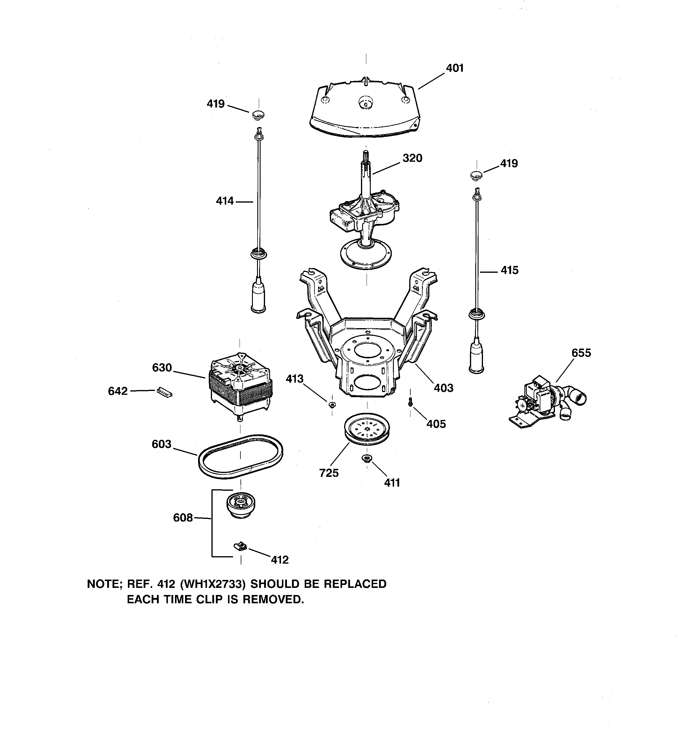 GE WWSR4140W1WW suspension, pump & drive components diagram