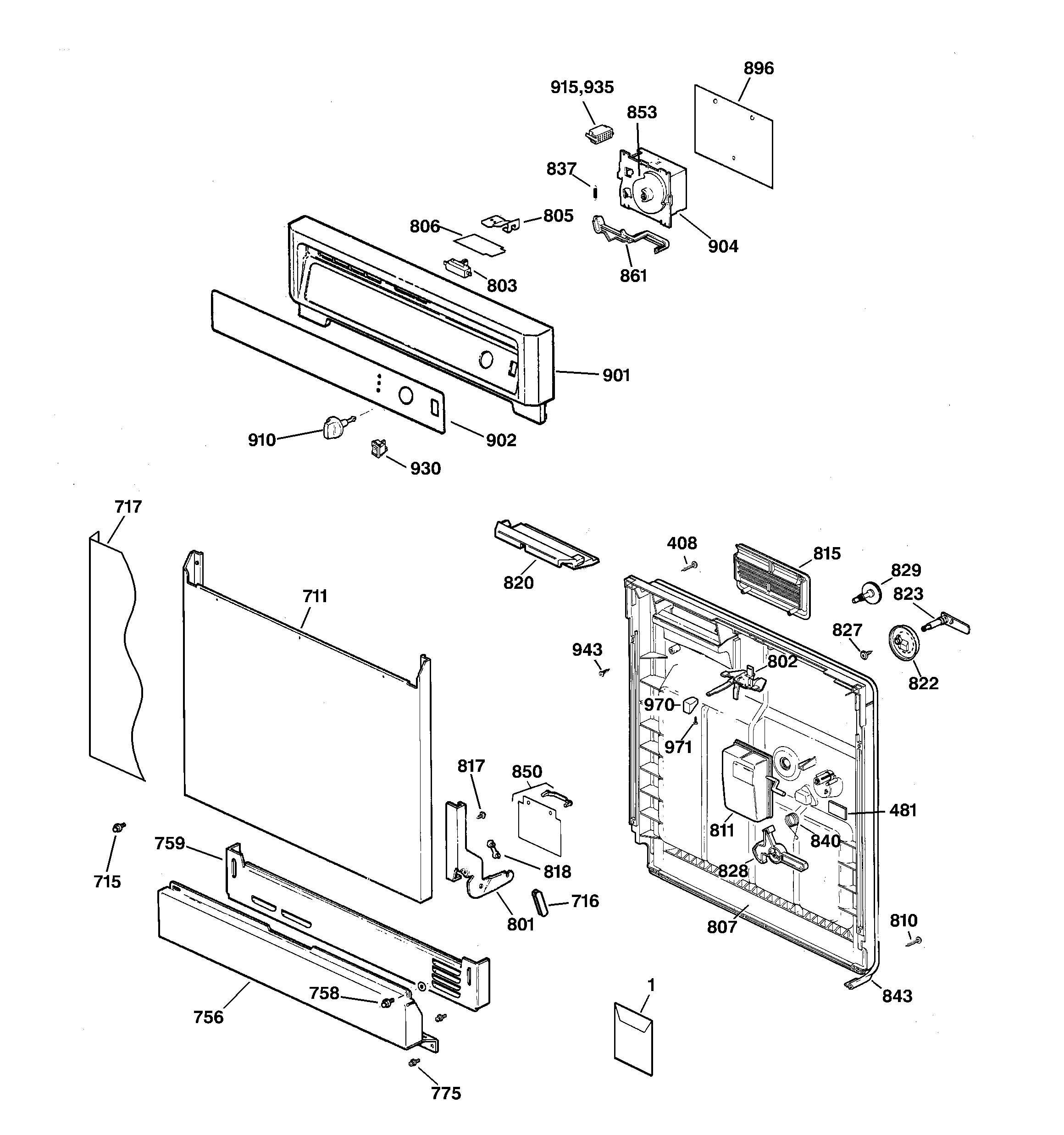 GE GSD2031F00WW escutcheon & door assembly diagram