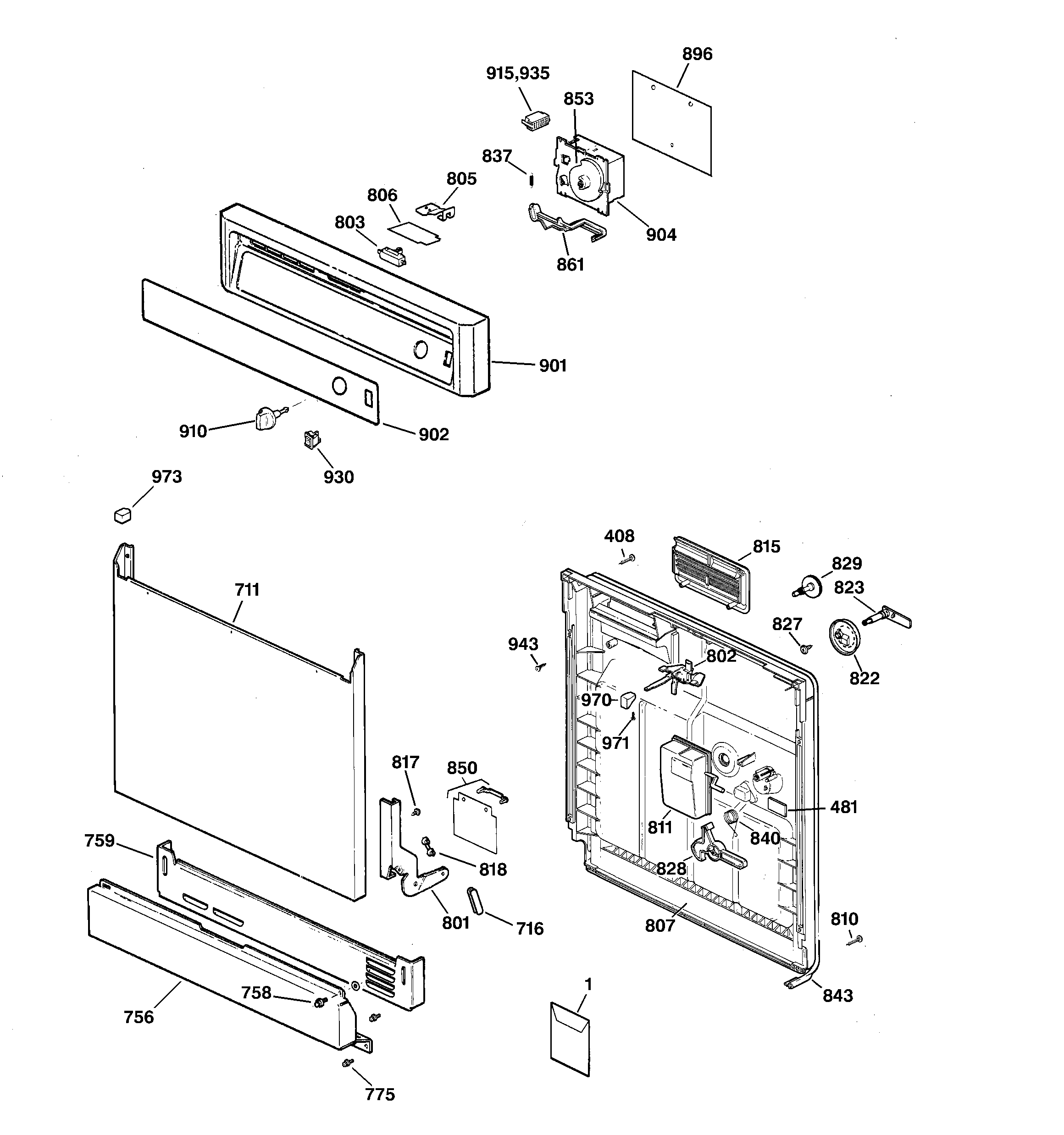 GE GSD1005F00WH escutcheon & door assembly diagram