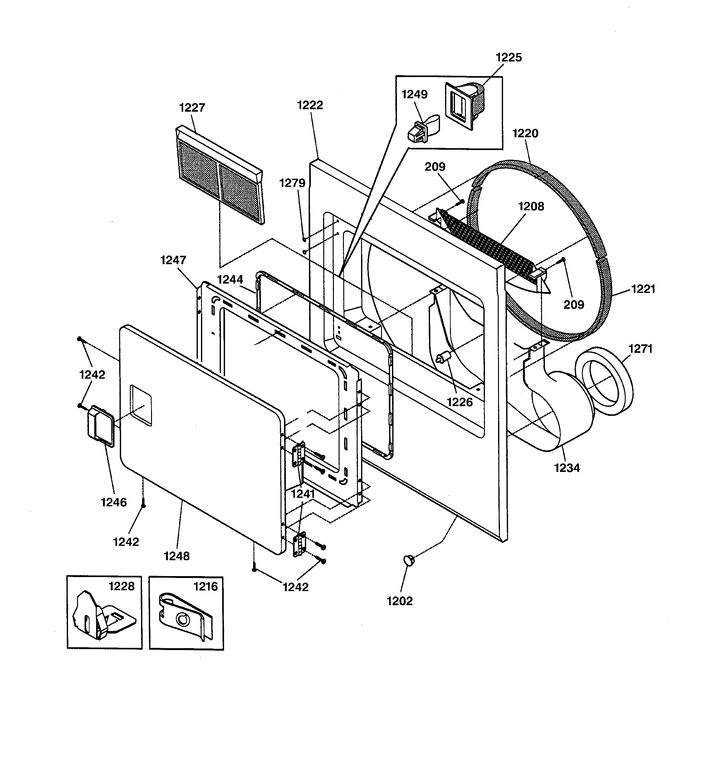 GE DBL333EA0WW front panel & lint filter diagram