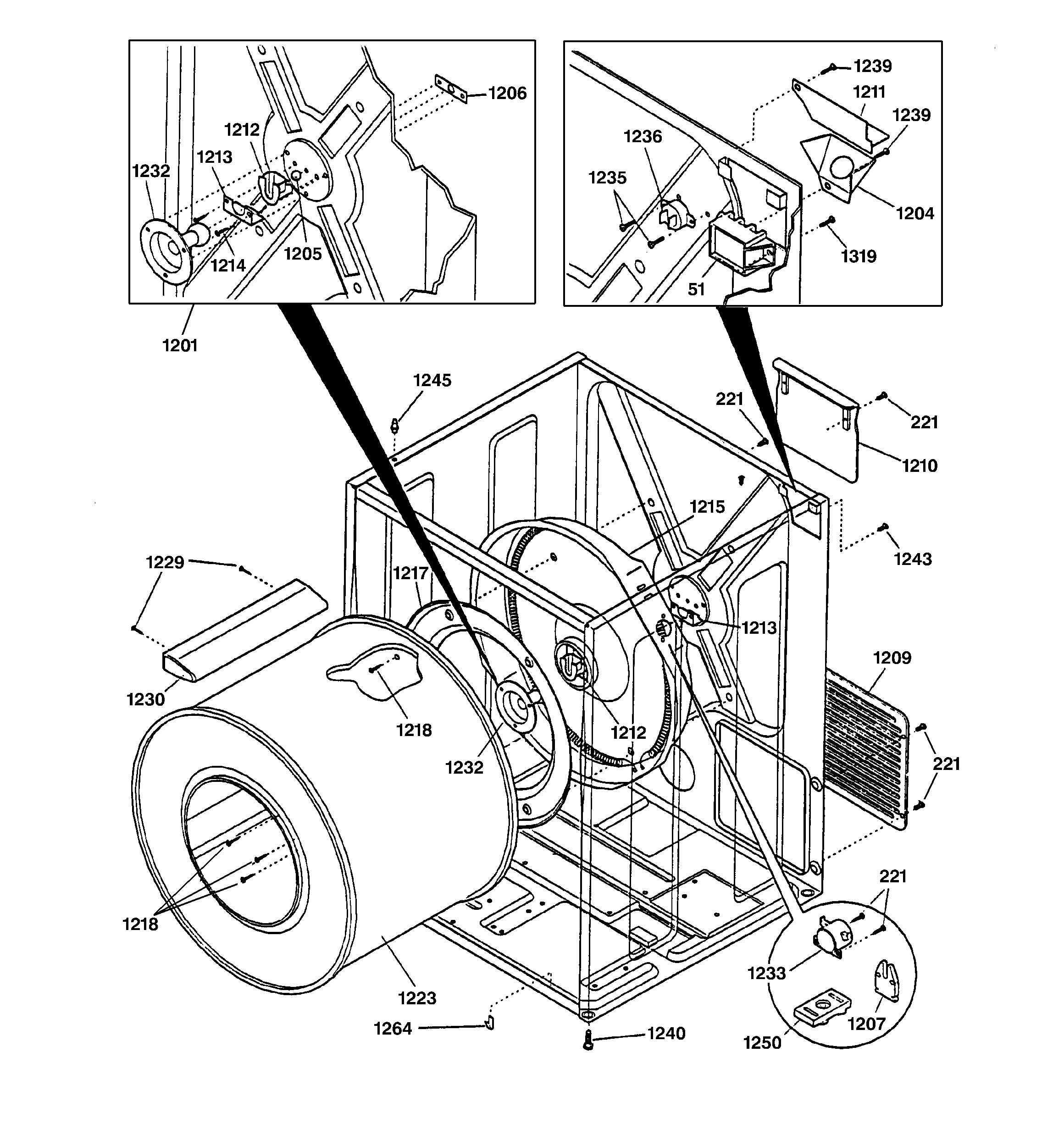 GE DBL333EA0WW cabinet & drum diagram