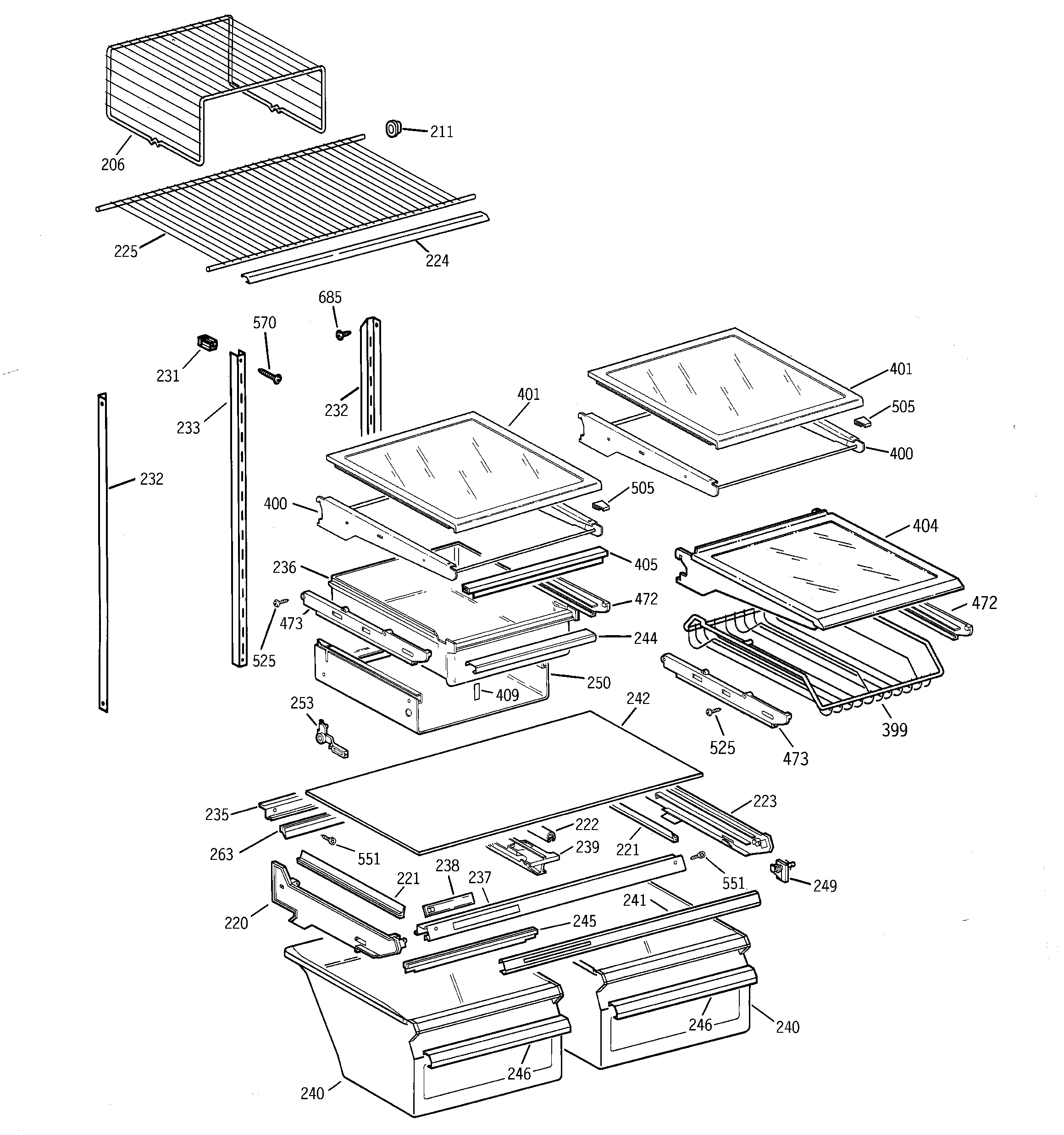 GE TBX22PABRRCC shelves & drawers diagram