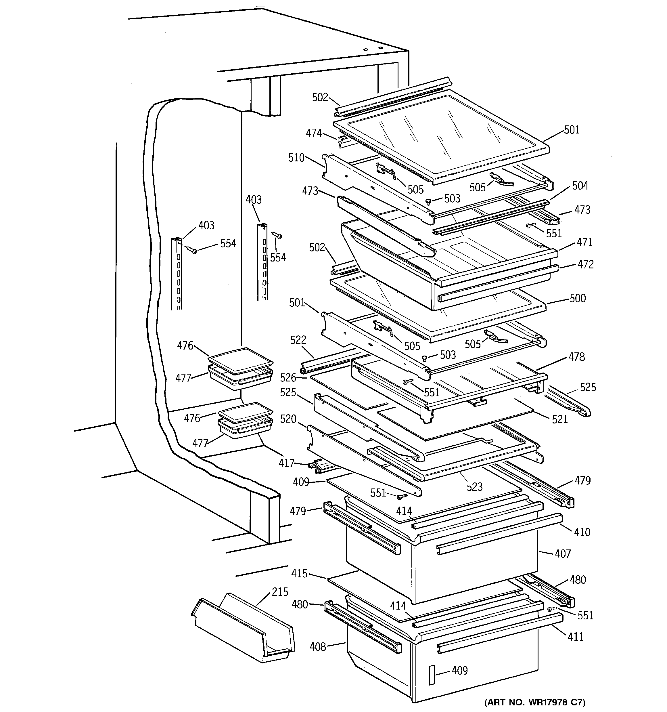 GE TFCW27FRBWH shelves & drawers diagram