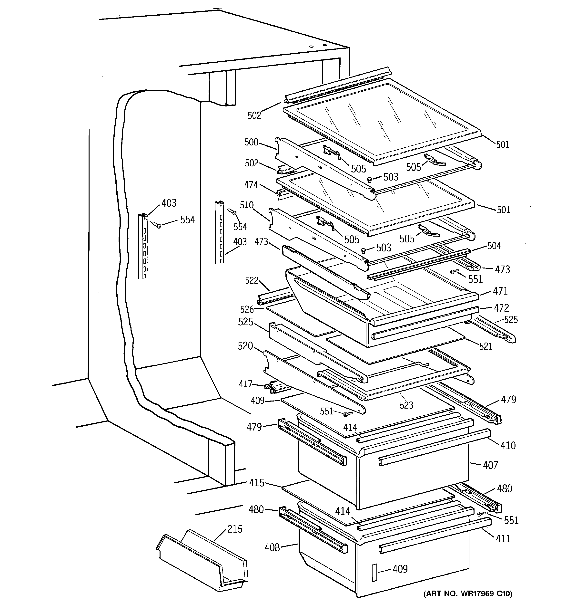 GE TFCW27RRAWH shelves & drawers diagram