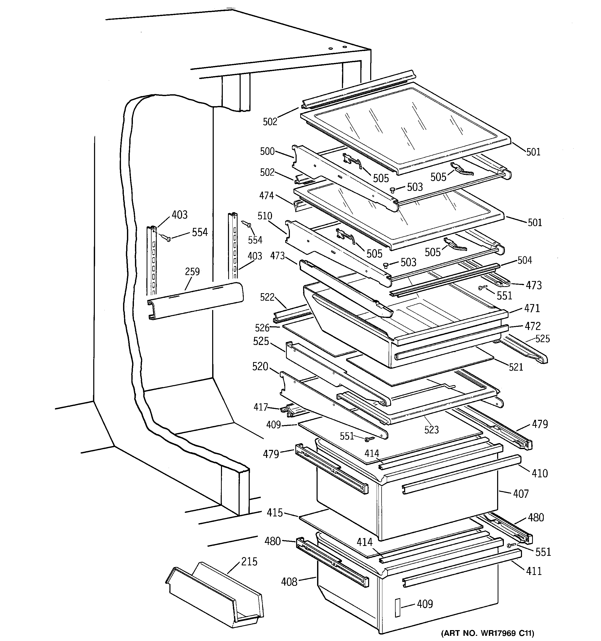 GE TFEA27RRAAD shelves & drawers diagram