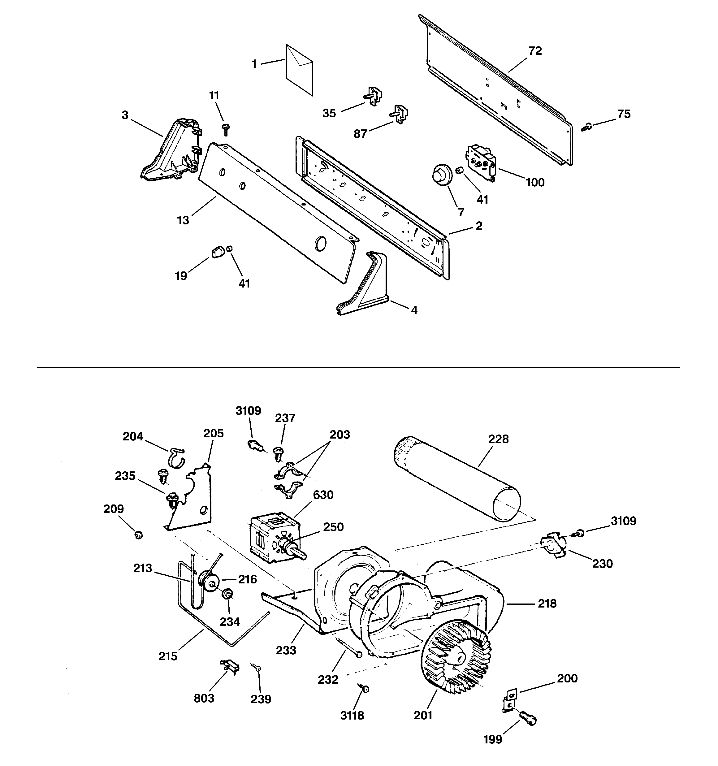 GE DSXR453GV2WW backsplash, blower & drive assembly diagram