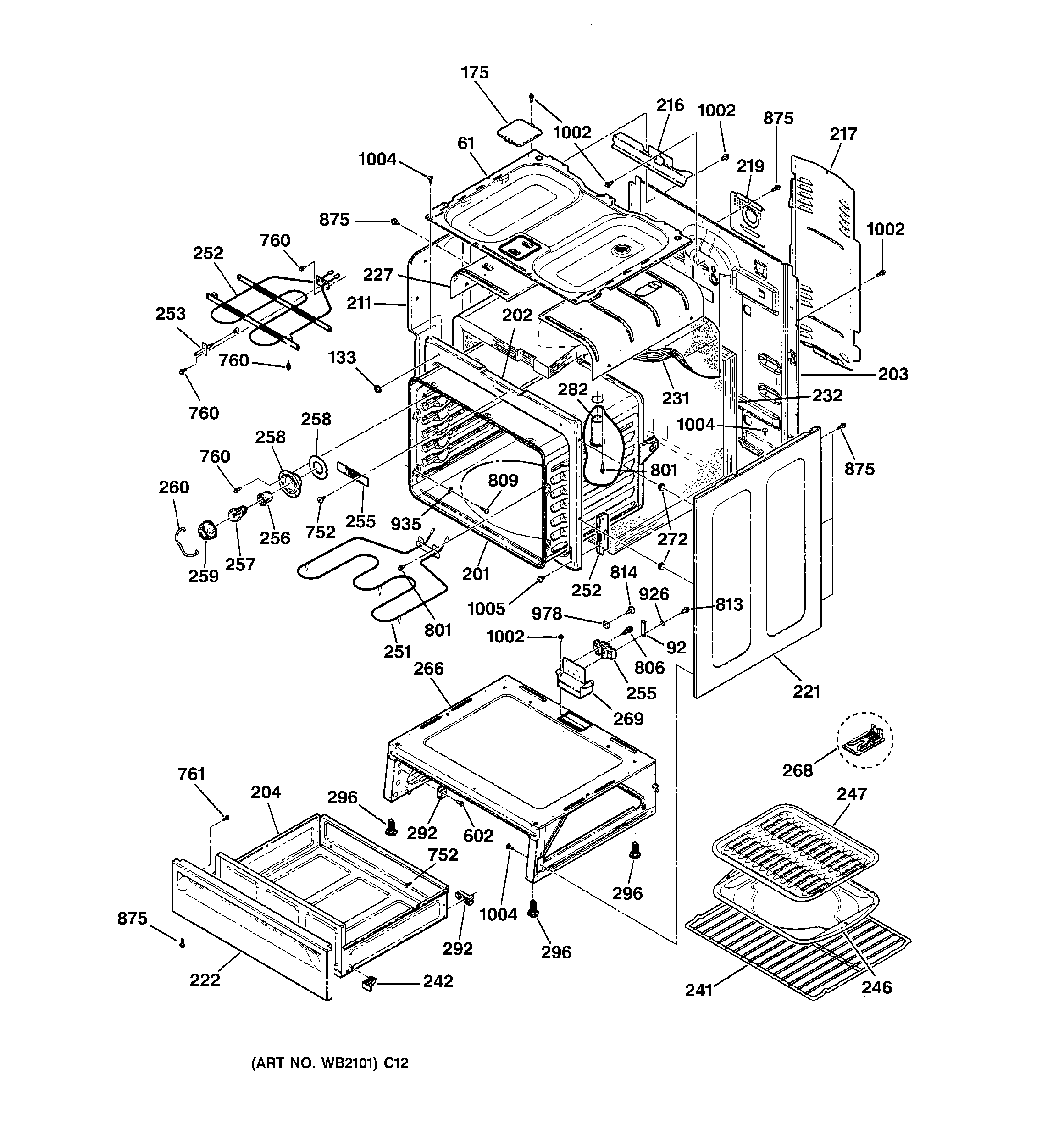 GE JBP35WB4WW body & drawer parts diagram