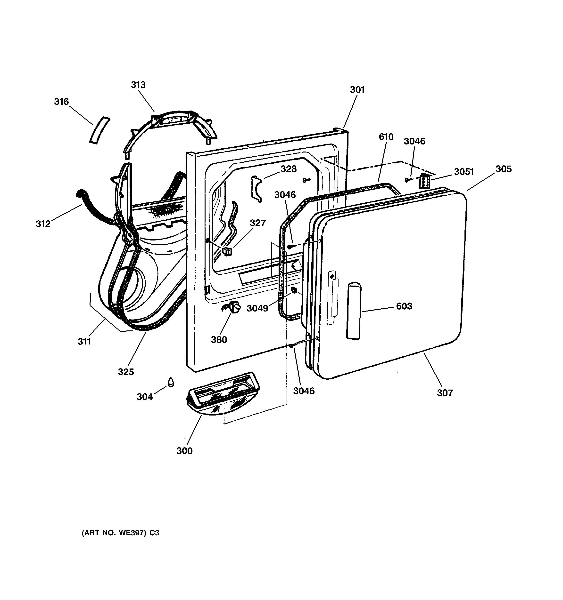 GE DHSR333GV2WB front panel & door diagram