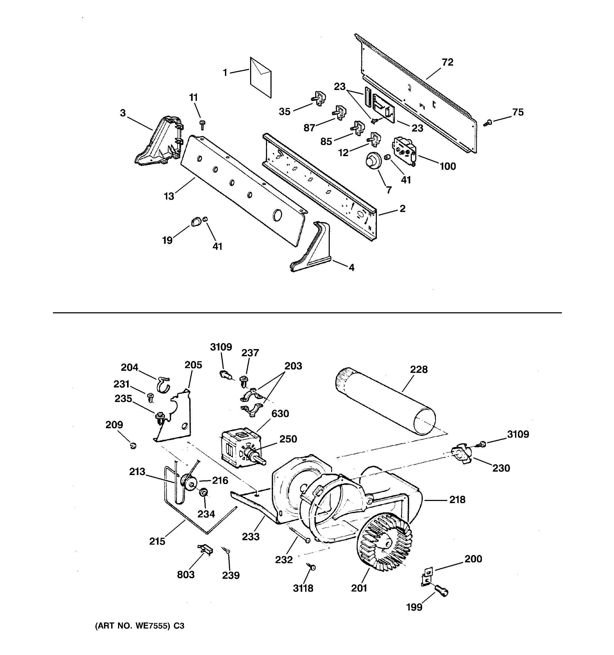 GE DPSR465GA1WW backsplash, blower & motor diagram