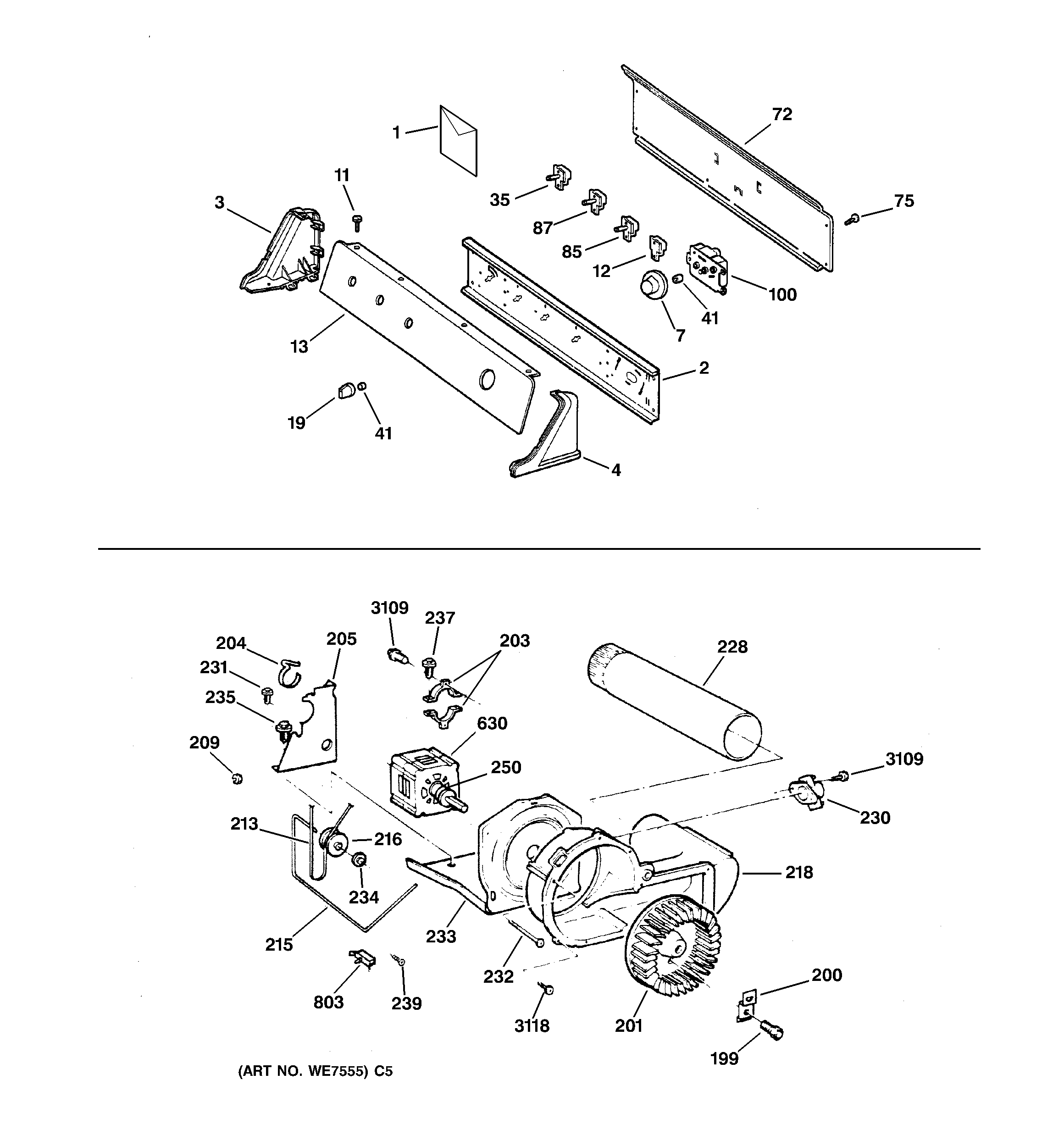 GE DPSR473GW2WW backsplash, blower & motor diagram