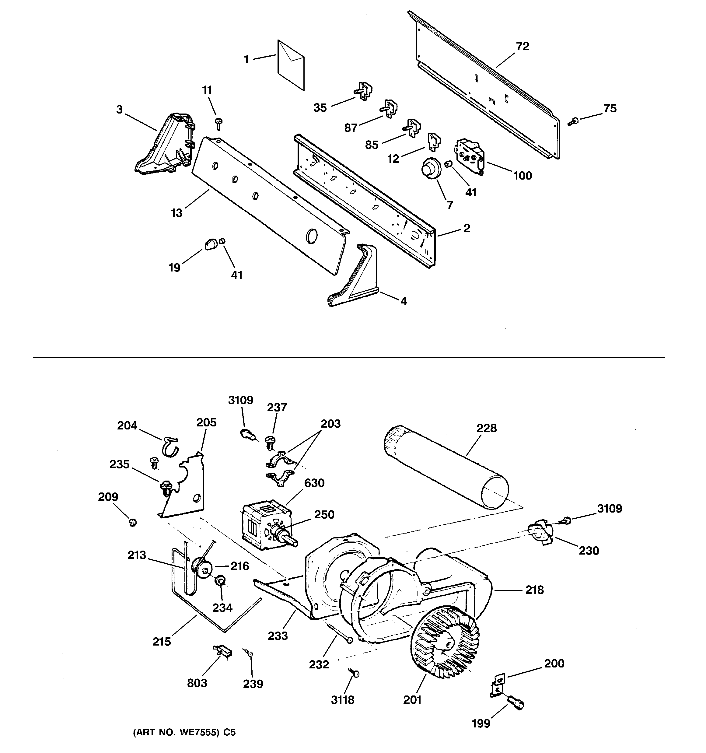 GE DPXR473GW0AA backsplash, blower & motor diagram