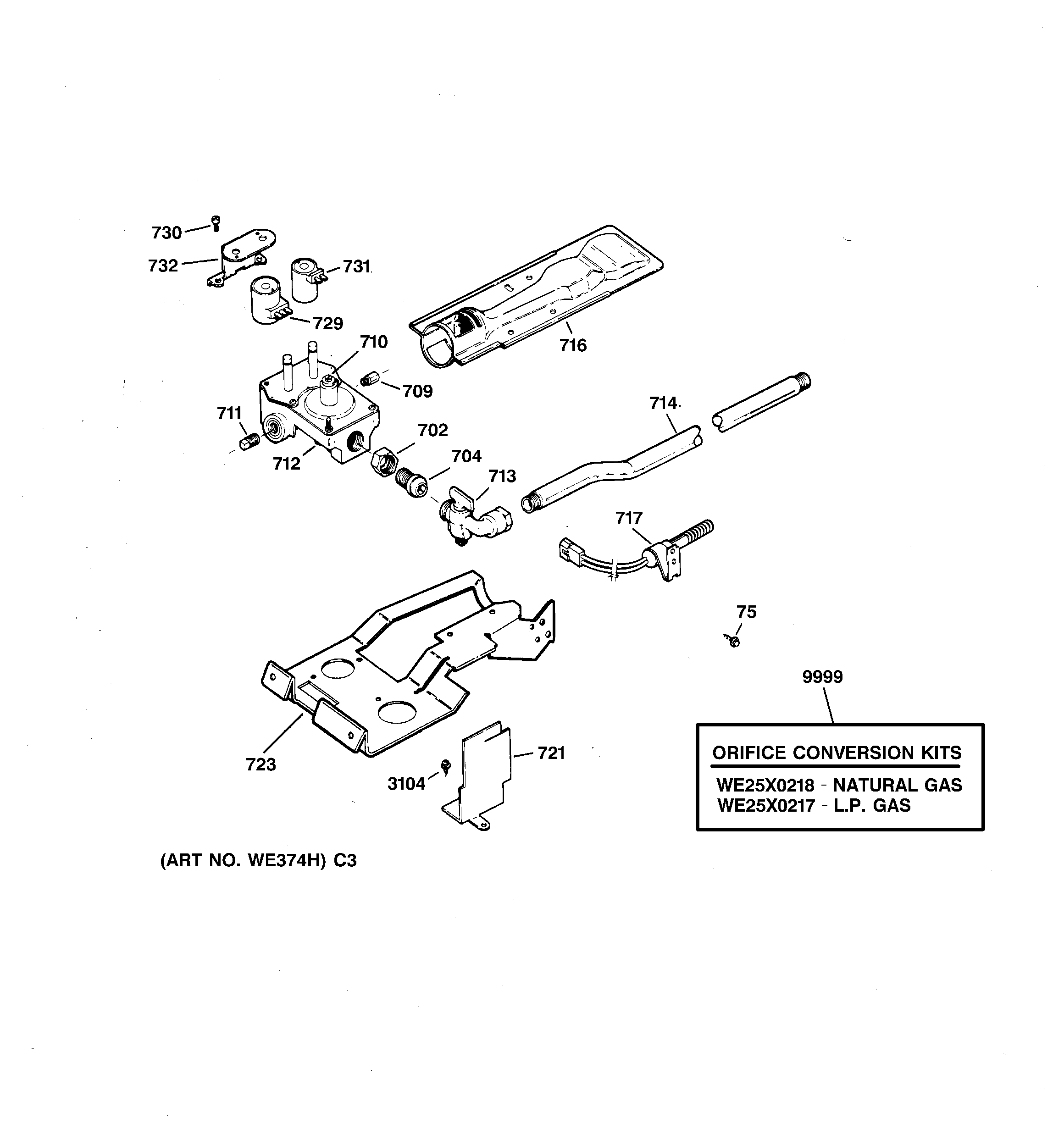 GE DPSR473GW1WW gas valve & burner assembly diagram