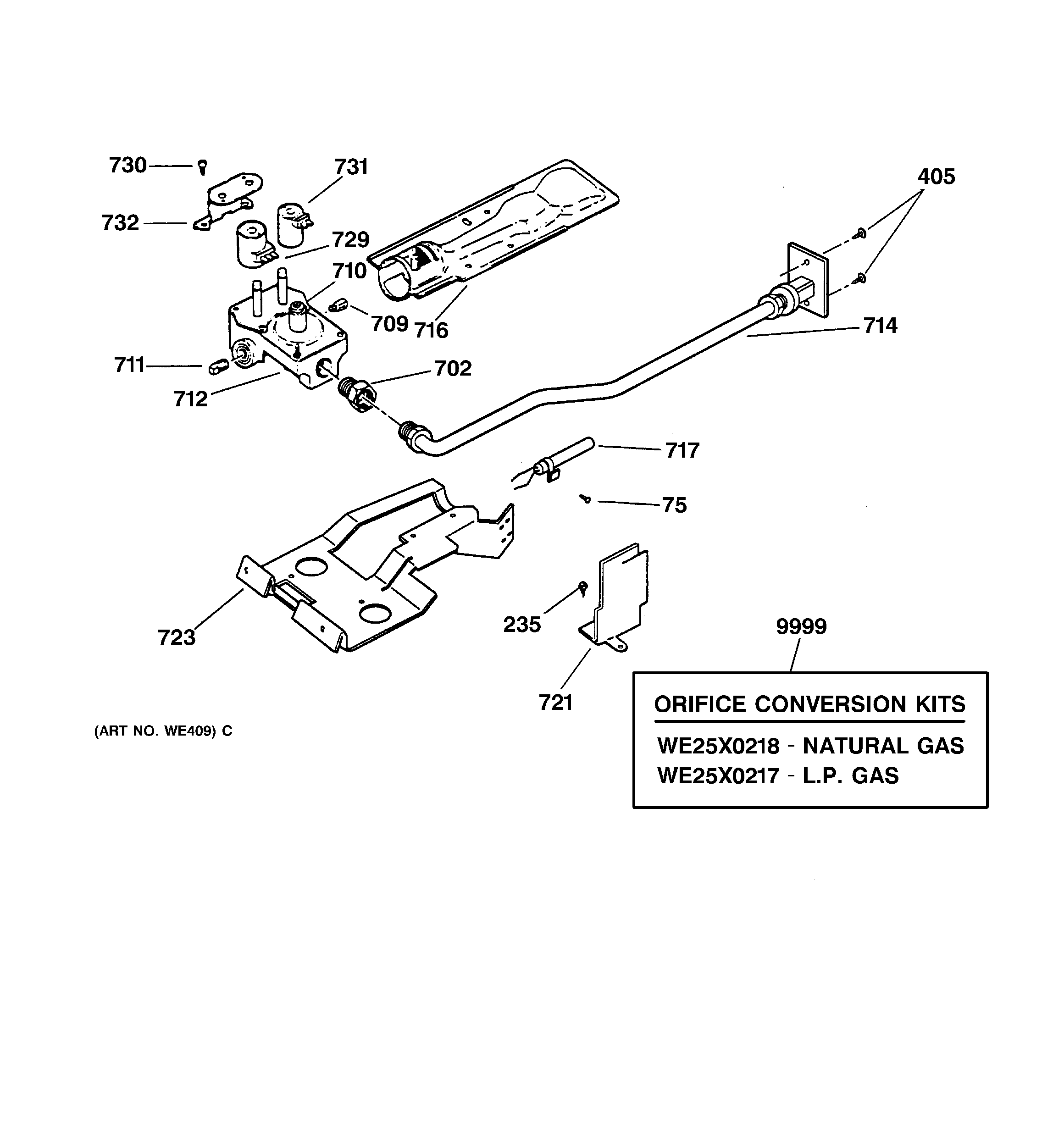 GE DWXR483GA0WW gas valve & burner assembly diagram