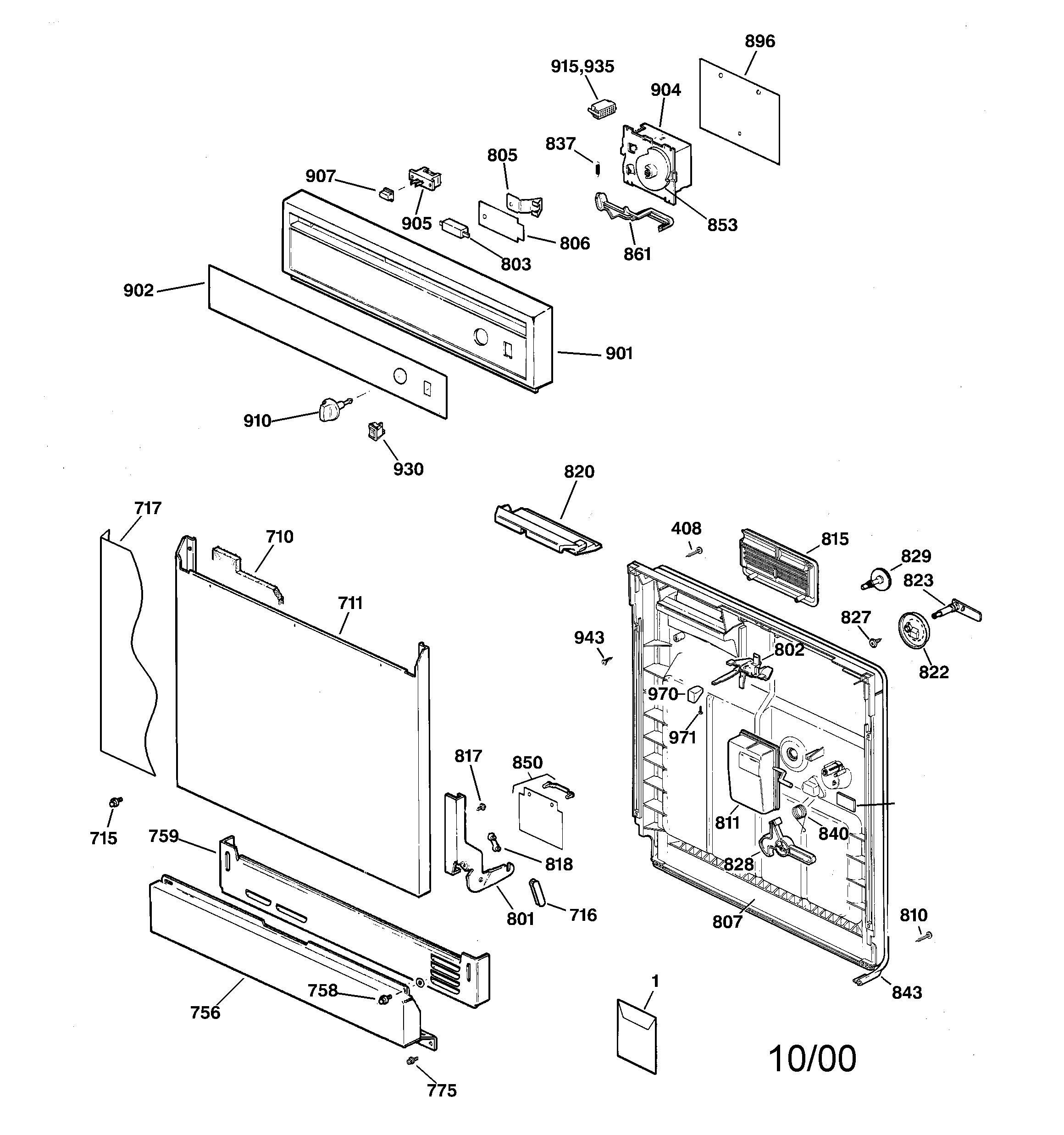 GE GSD2335F00WW escutcheon & door assembly diagram