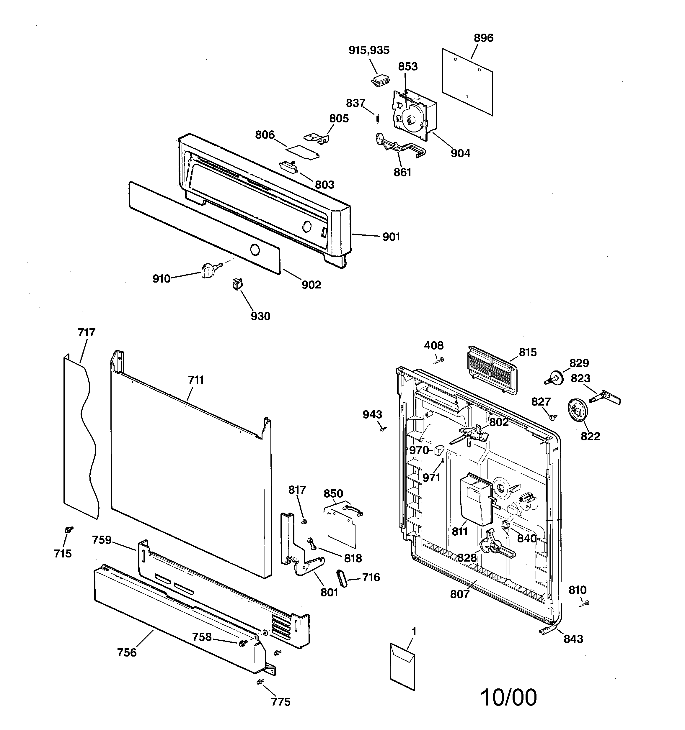 GE GSD1103F00WW escutcheon & door assembly diagram