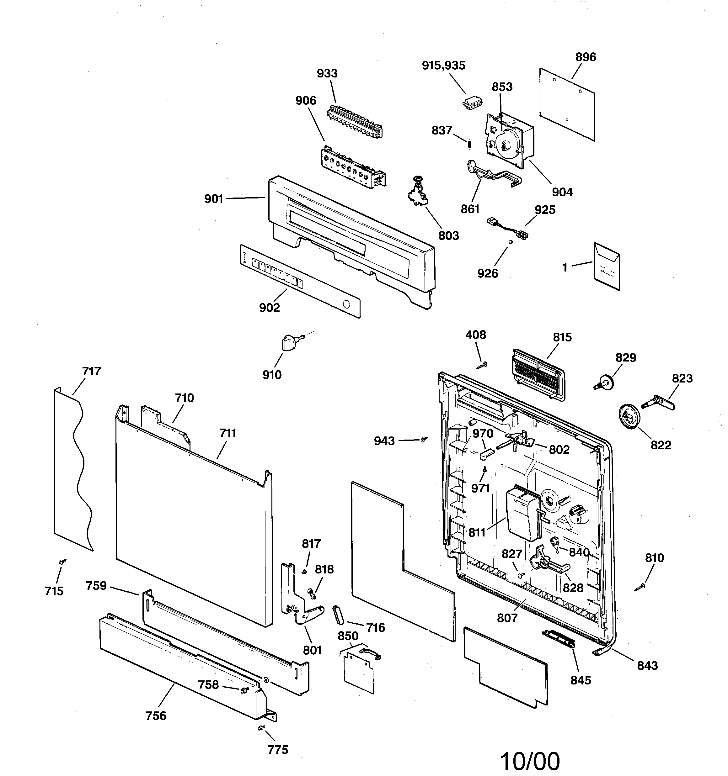 GE GHD3535F00WW escutcheon & door assembly diagram
