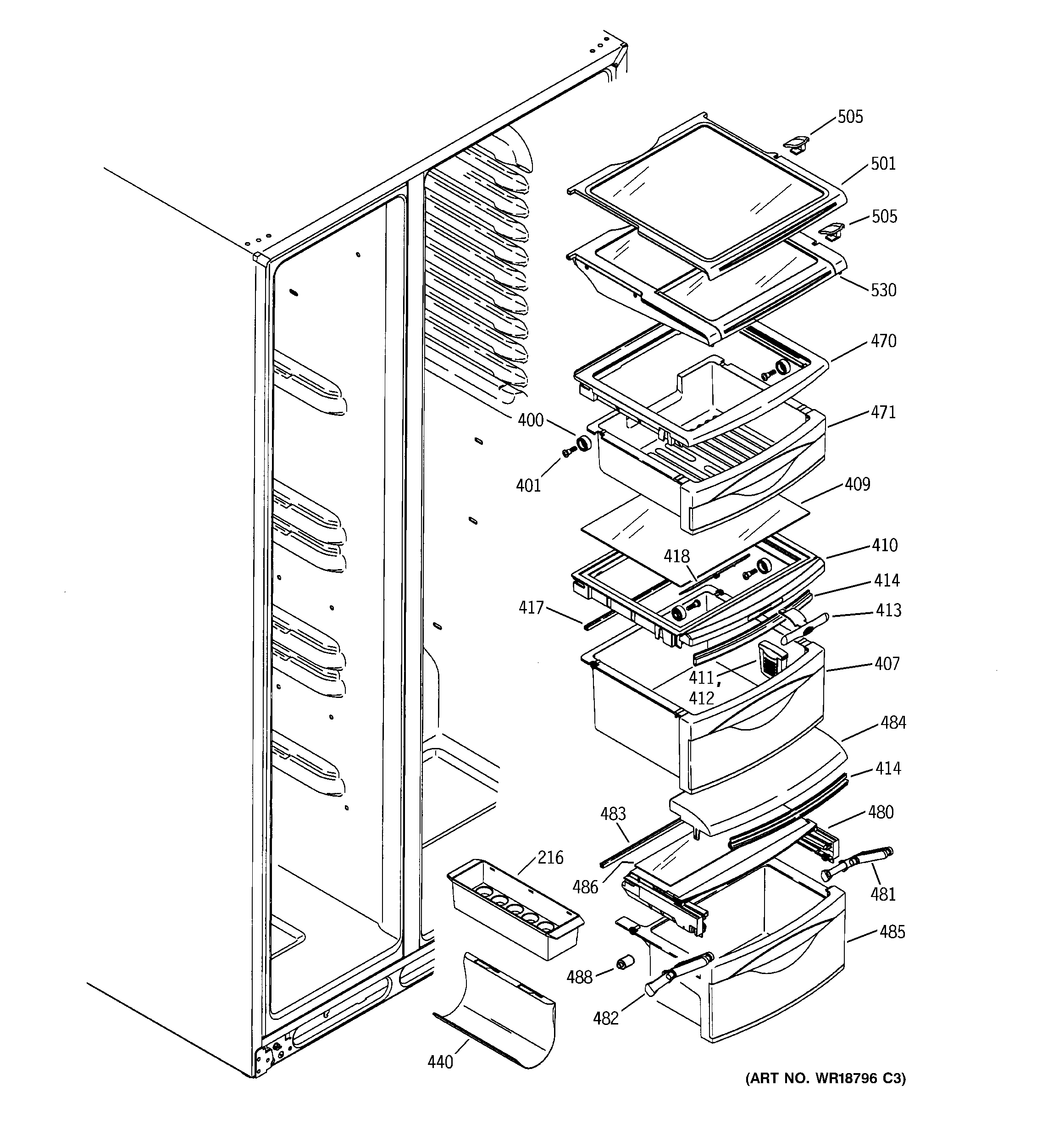 GE PSS27MGMAWW fresh food shelves diagram