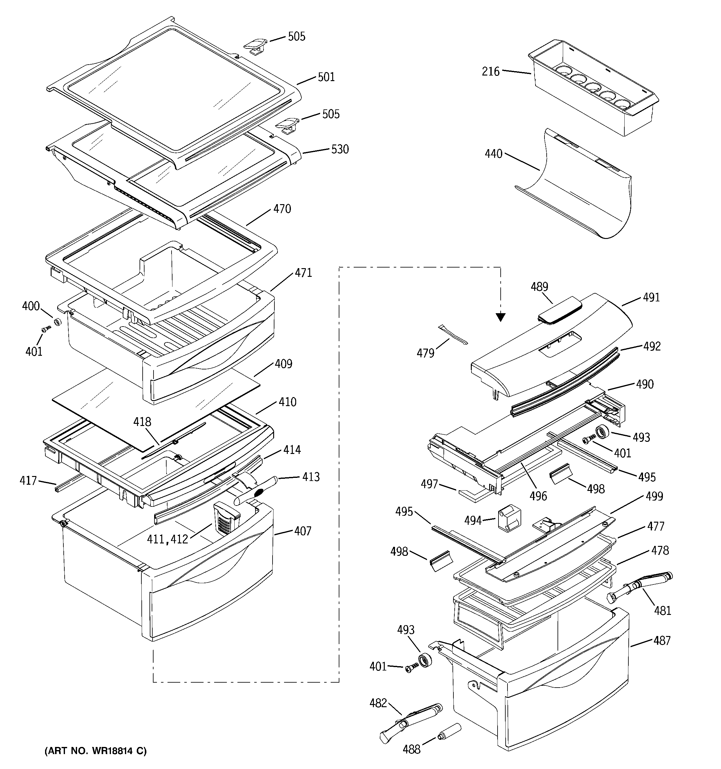 GE PSS27SHMABS fresh food shelves diagram