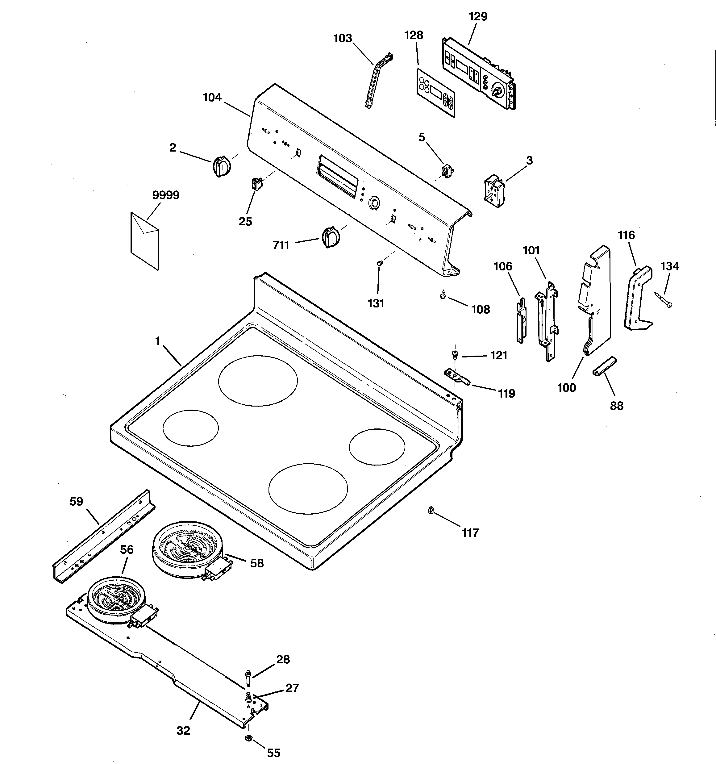 GE JBP61BD1WH controls & cooktop diagram