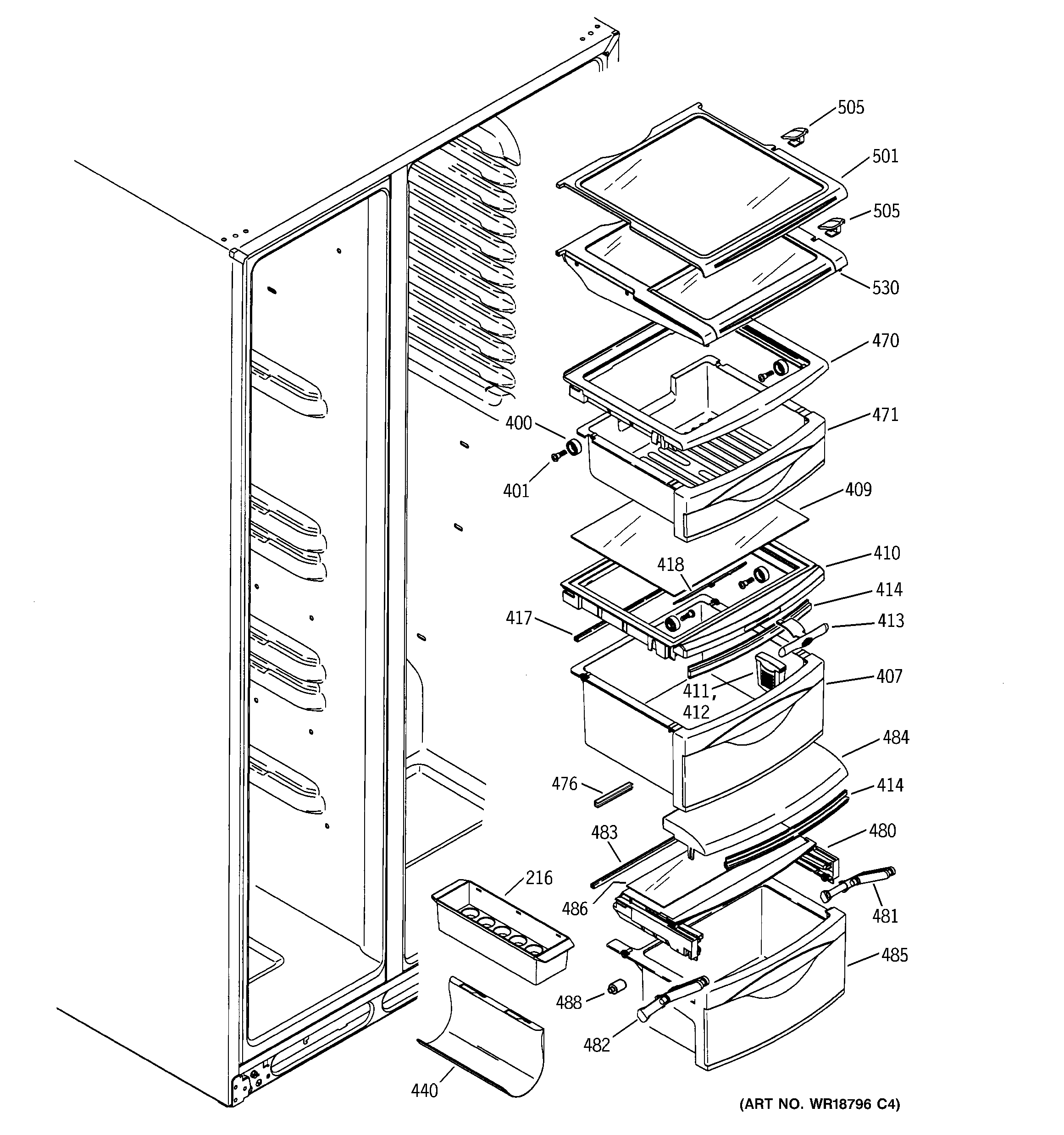 GE PSI23MGMAWW fresh food shelves diagram