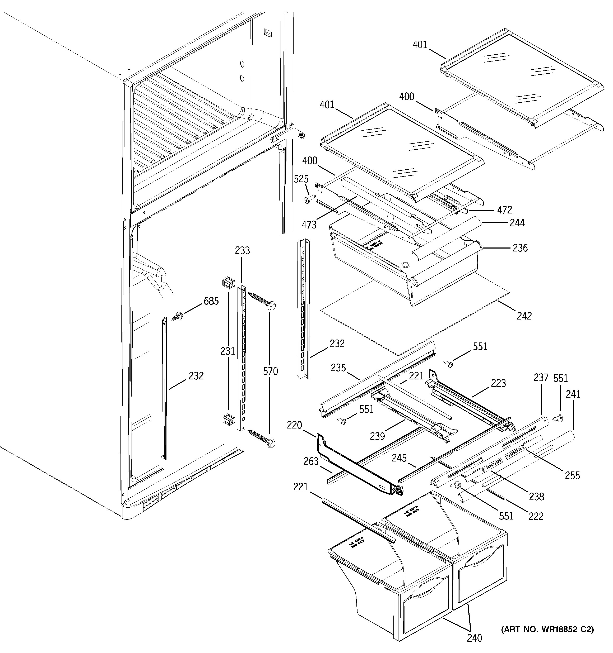 GE GTS18UBMARBB fresh food shelves diagram