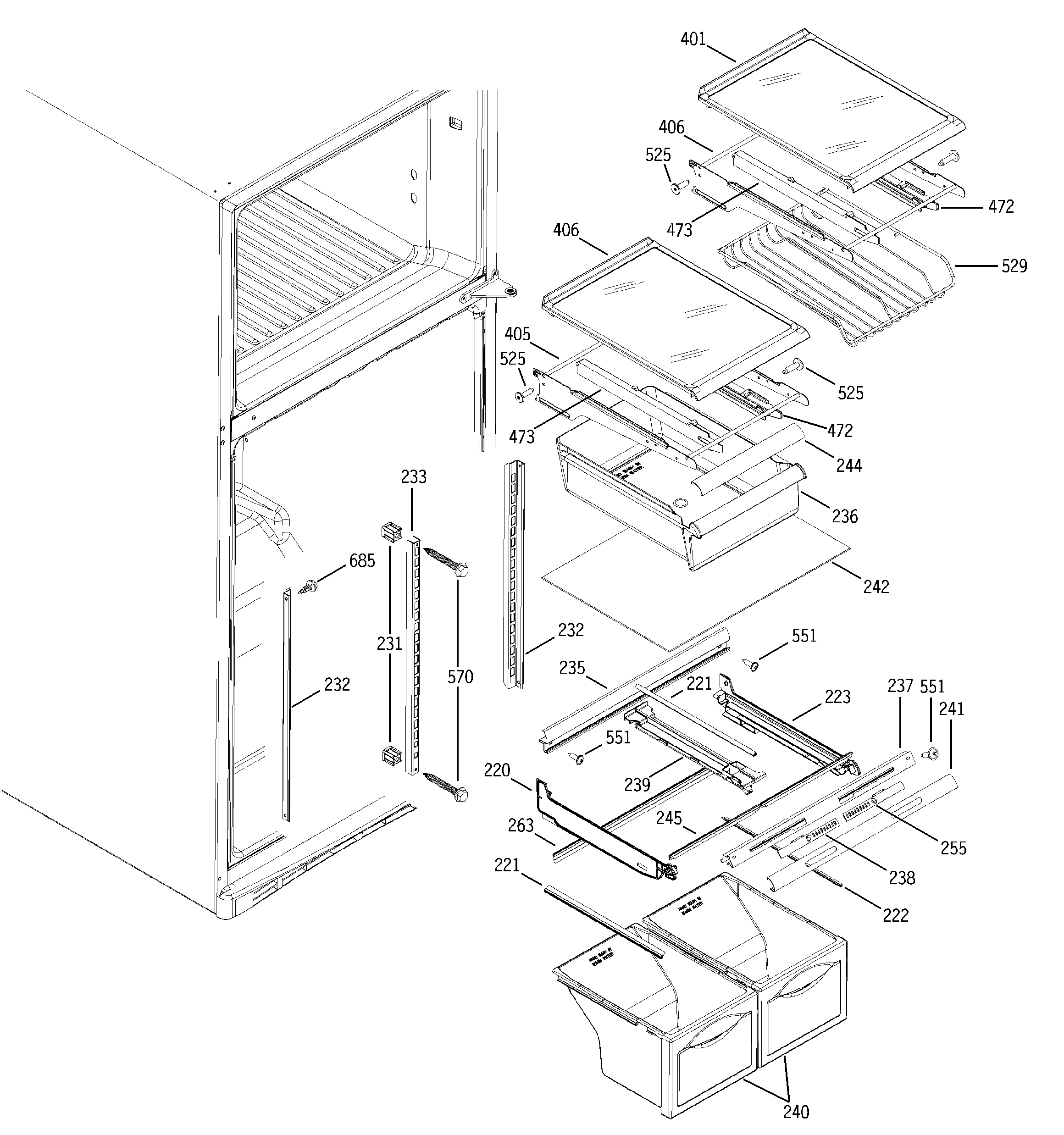 GE ETS19XBMARBB fresh food shelves diagram