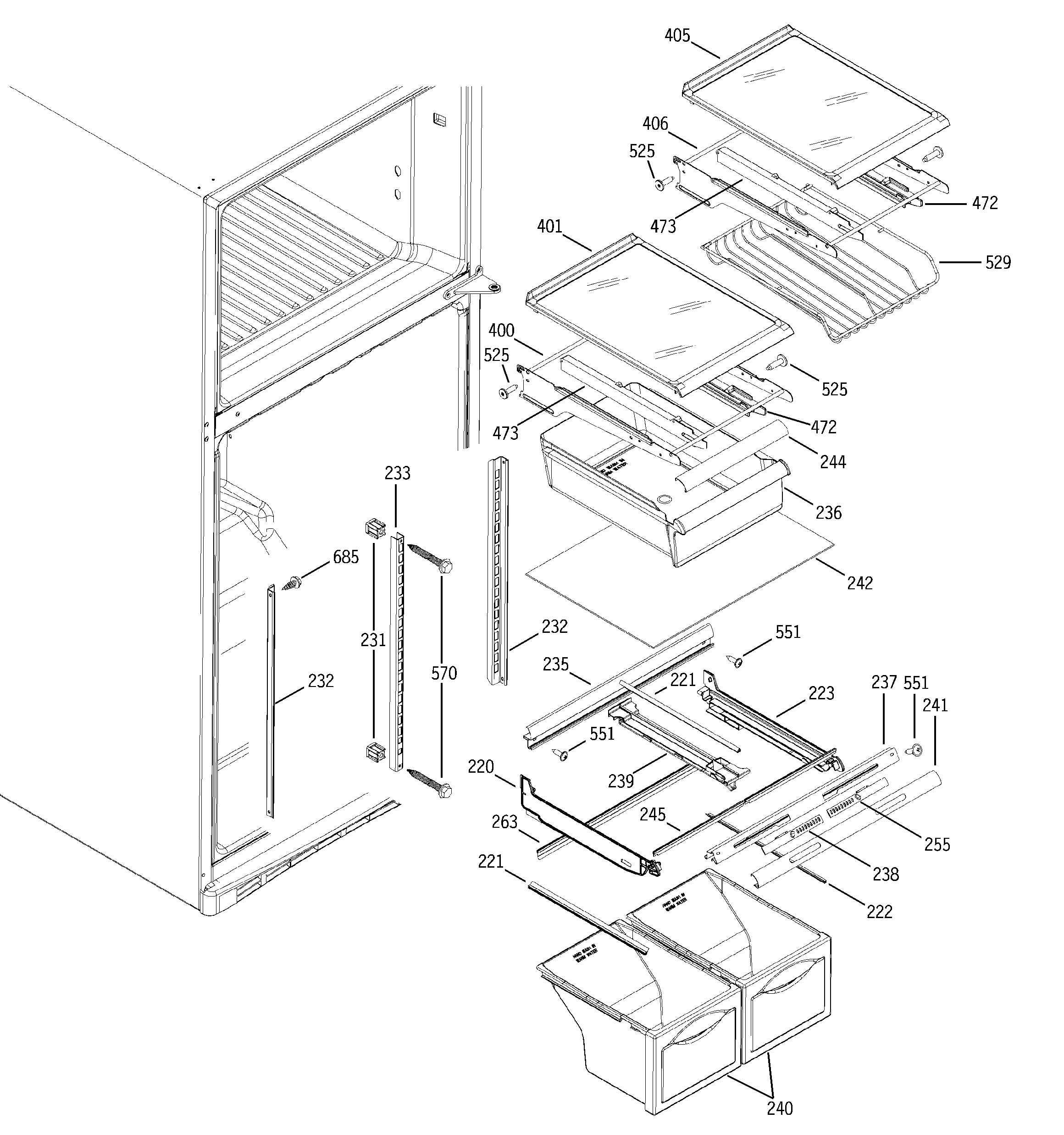 GE GTS19QBMARCC fresh food shelves diagram
