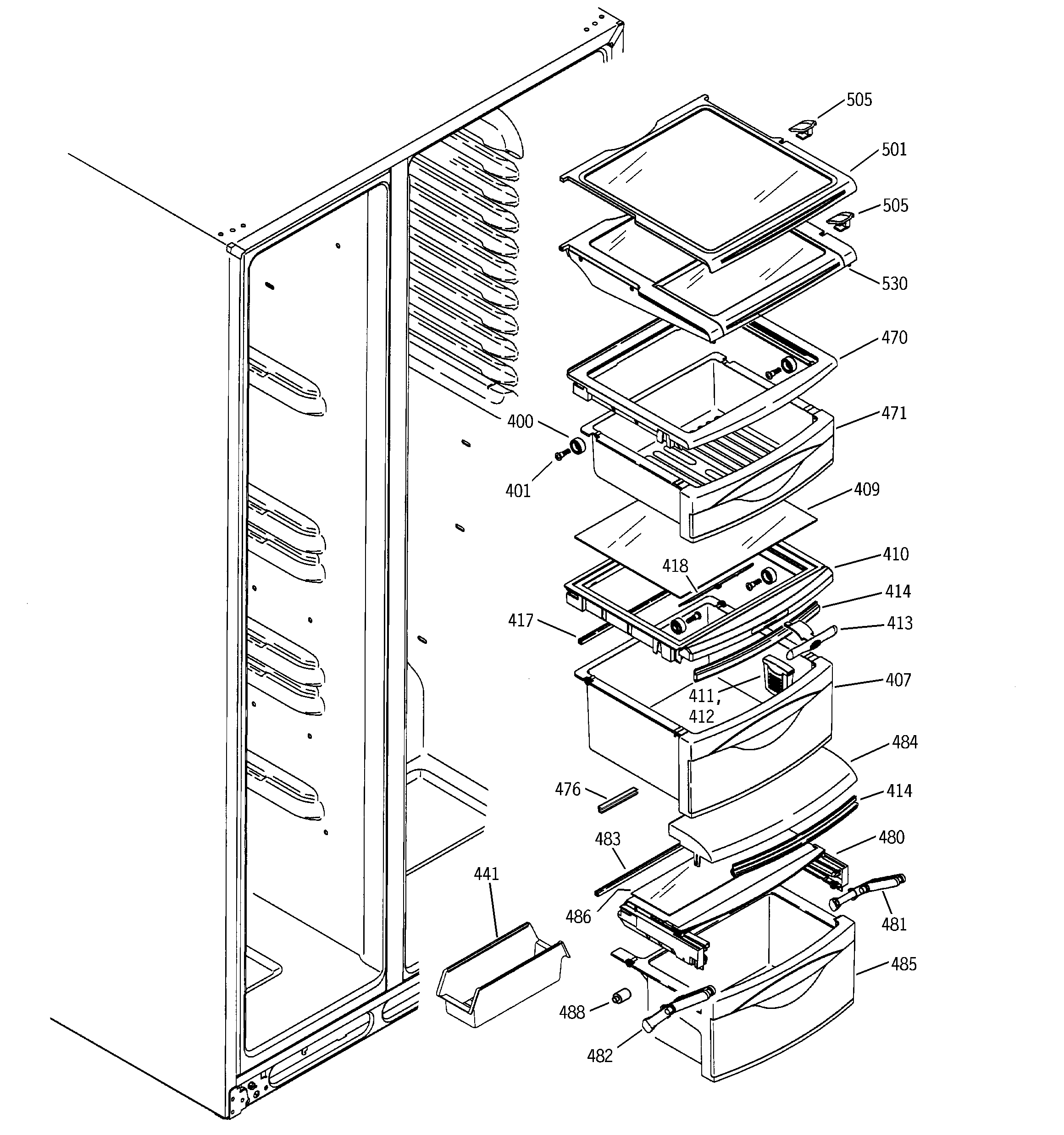 GE ESS25LGMAWW fresh food shelves diagram