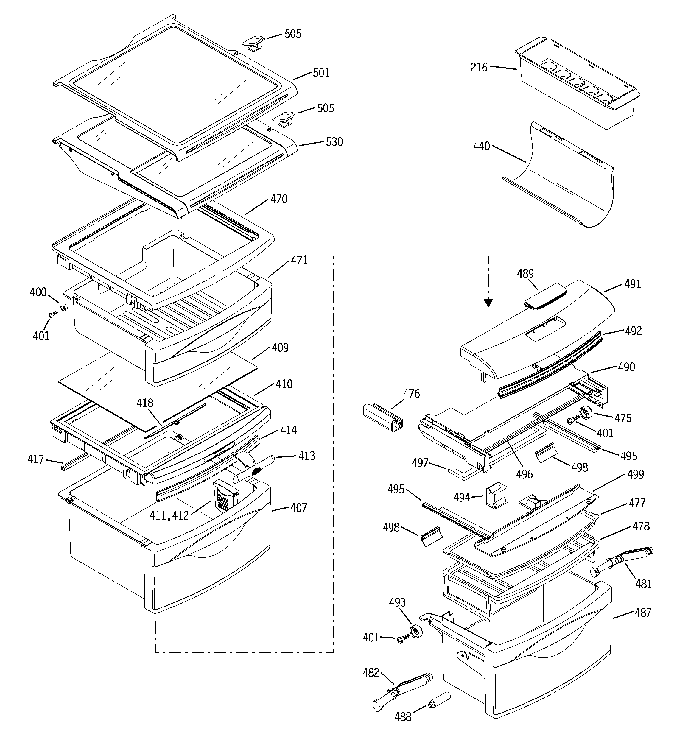 GE PSC23NGMACC fresh food shelves diagram
