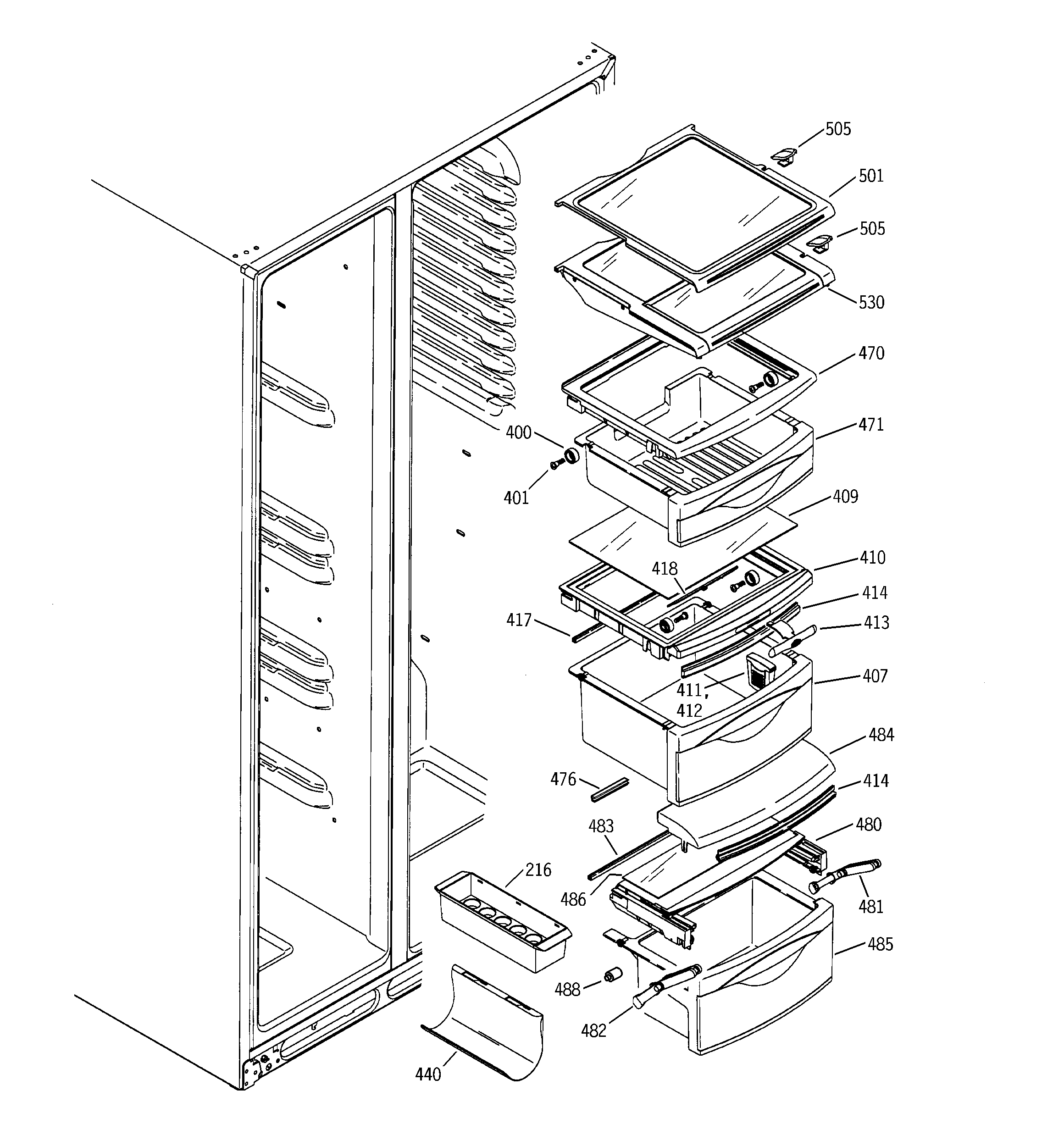 GE PSS29MGMACC fresh food shelves diagram