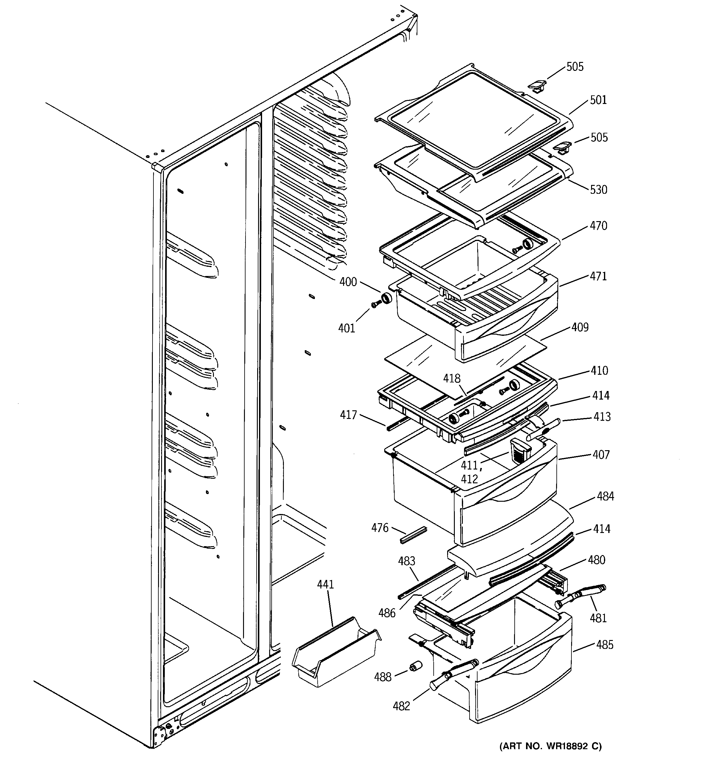 GE ESS25SGMBBS fresh food shelves diagram
