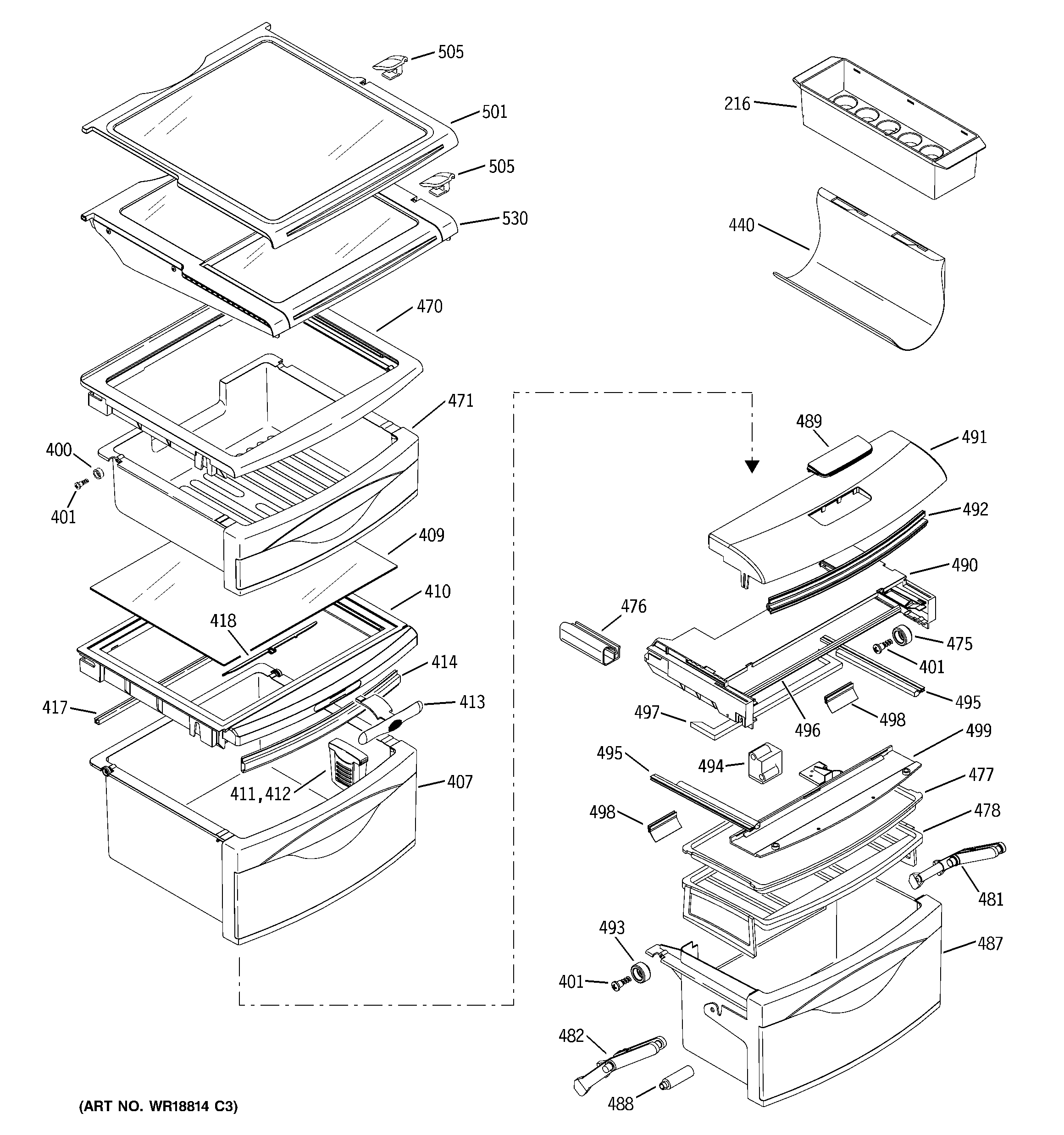 GE PSS29NGMBBB fresh food shelves diagram