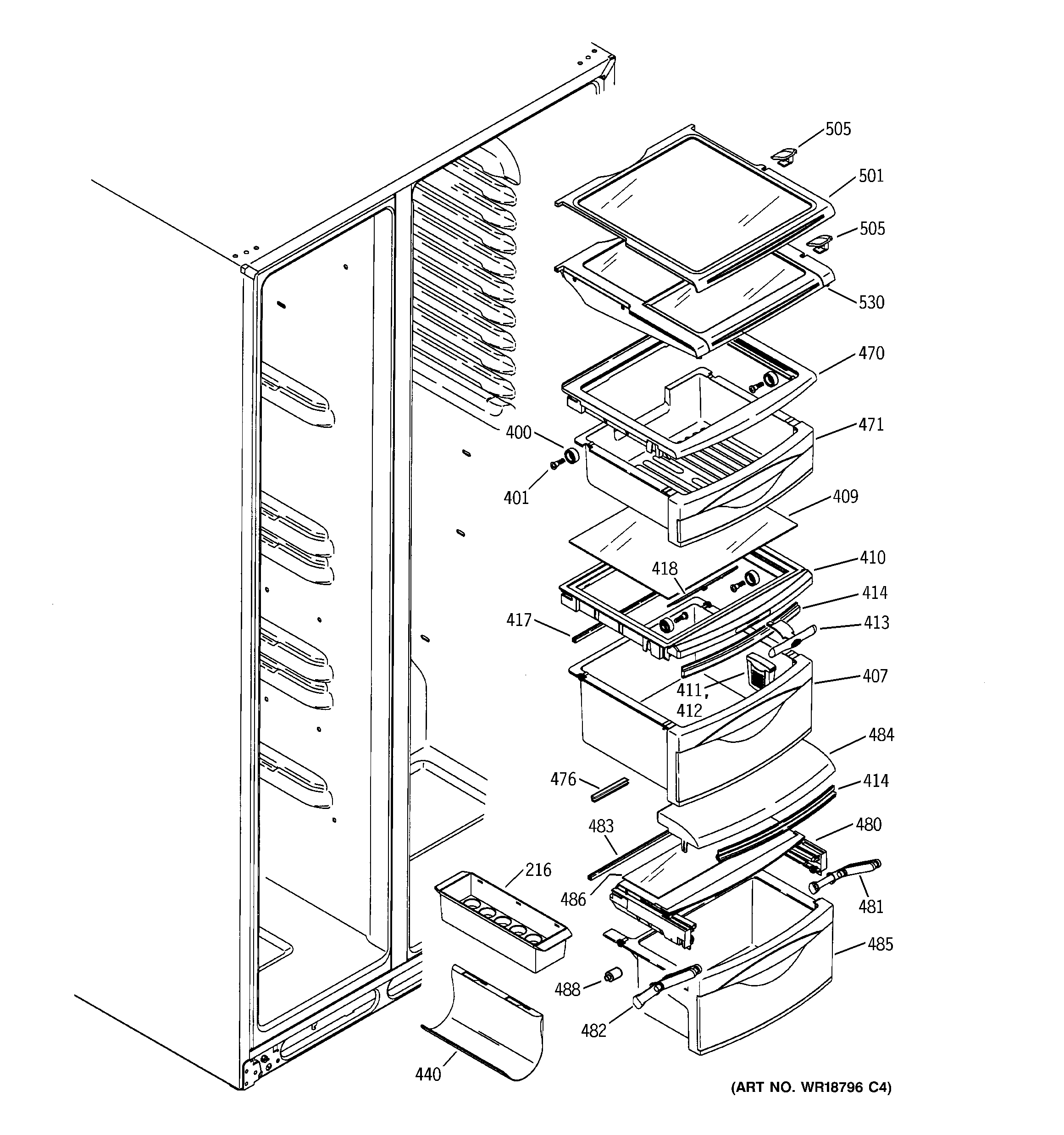 GE PSS29MGMBWW fresh food shelves diagram