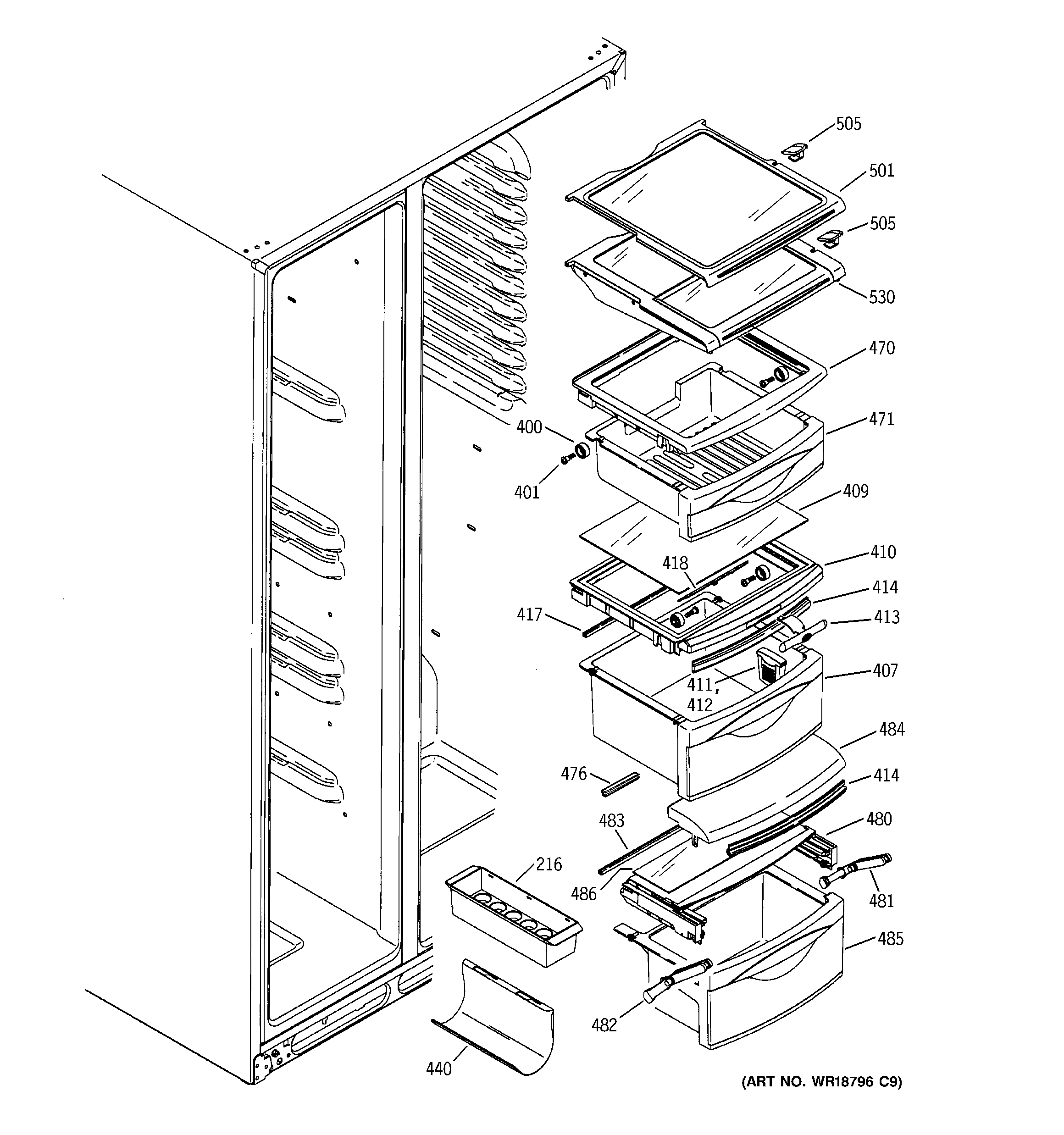 GE PSS27MGMBBB fresh food shelves diagram