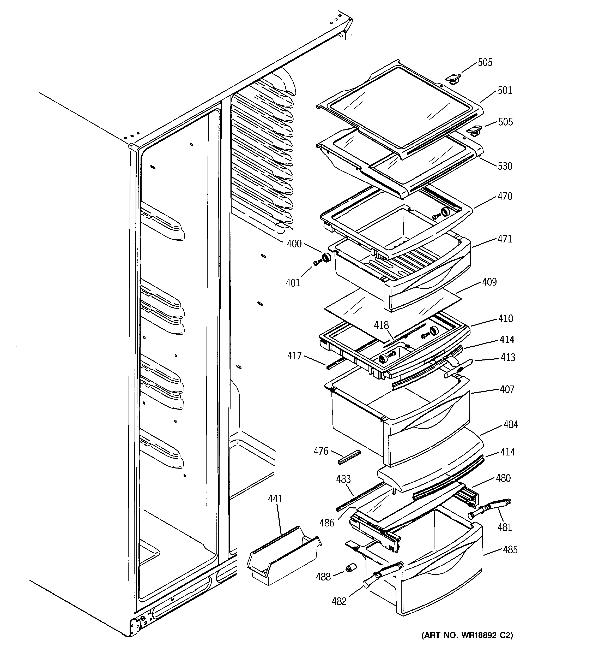 GE GSS25LGMBWW fresh food shelves diagram