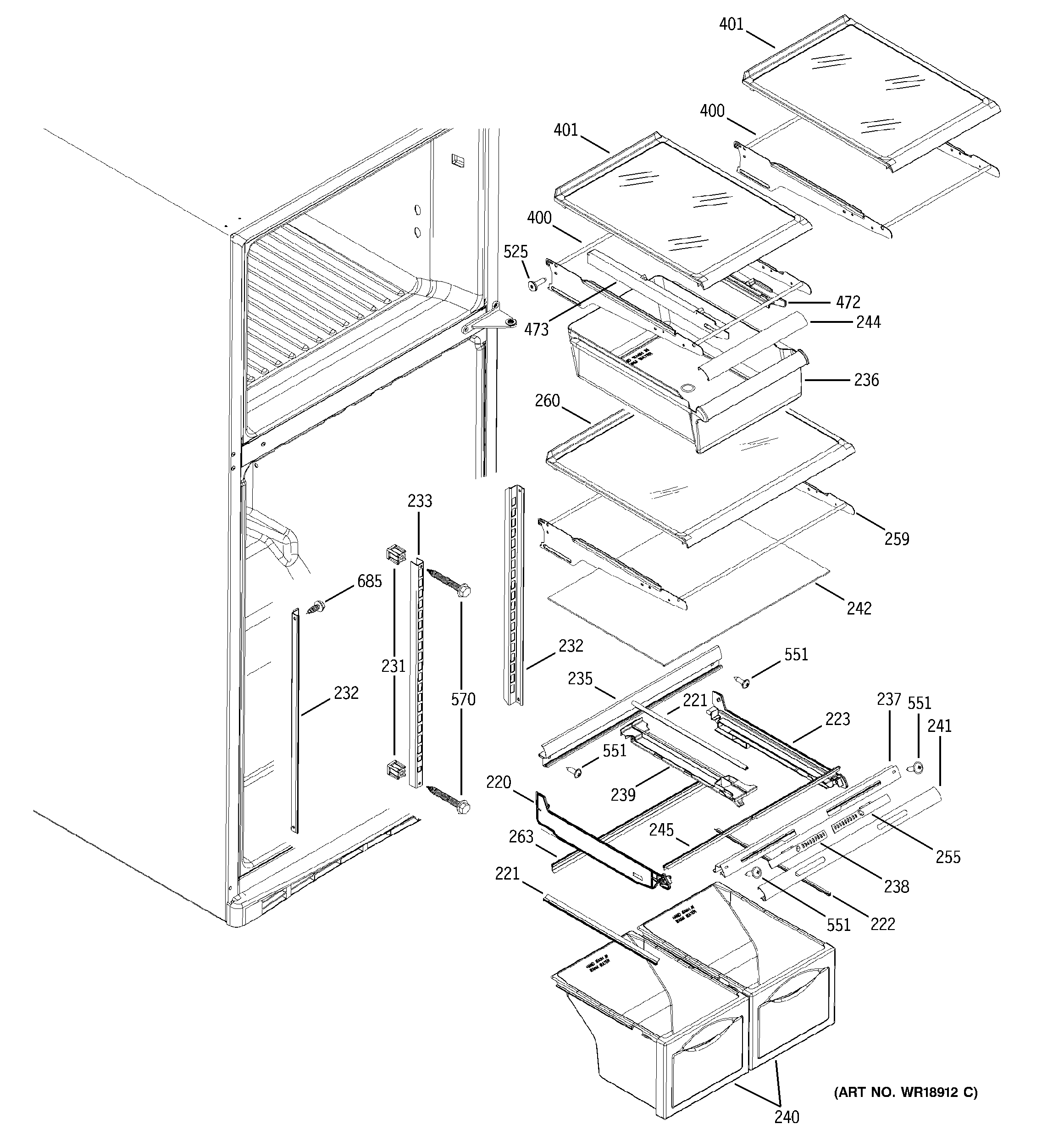 GE GTS19ZBMARWW fresh food shelves diagram