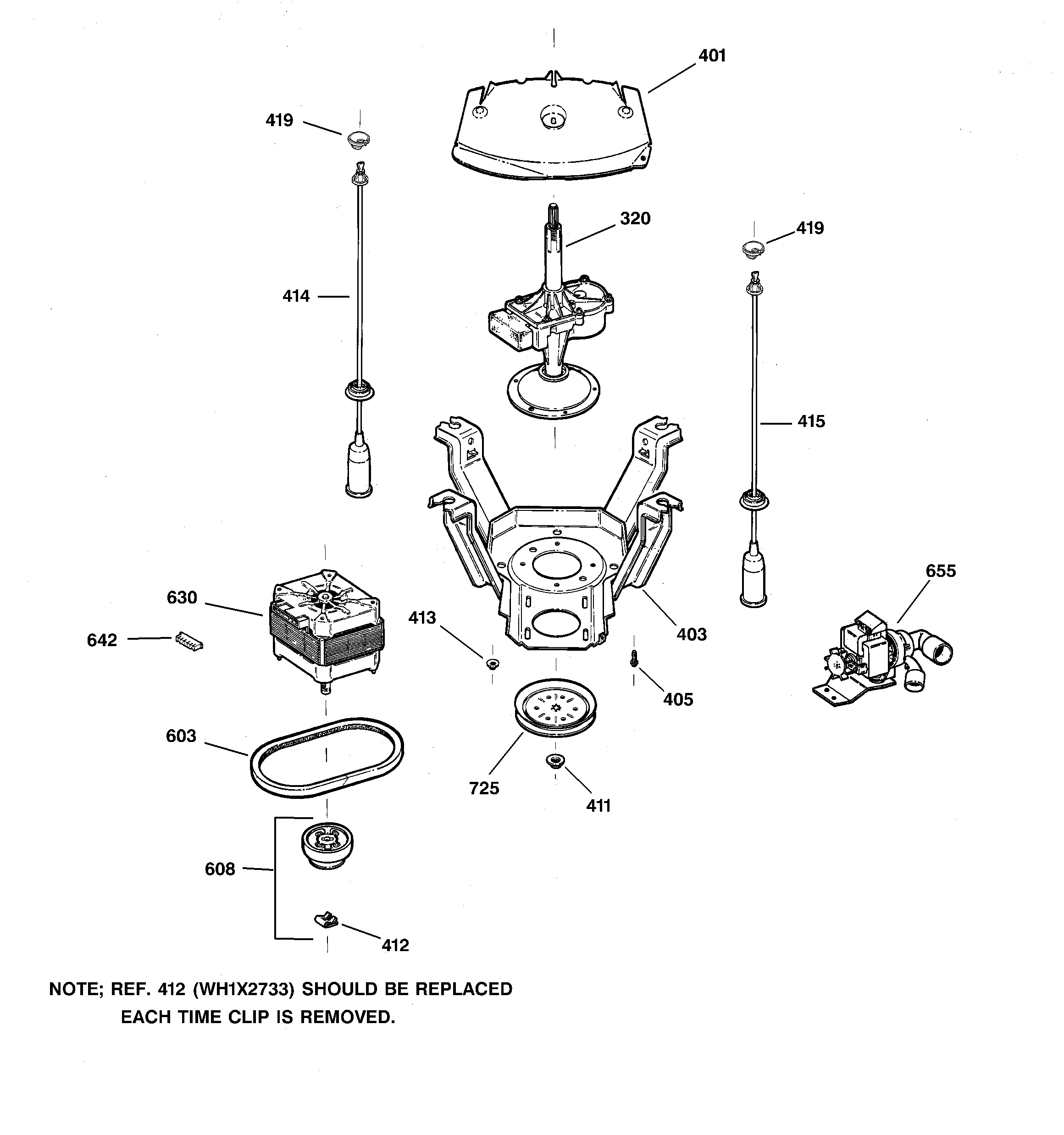 GE WCSE4160B0WW suspension, pump & drive components diagram